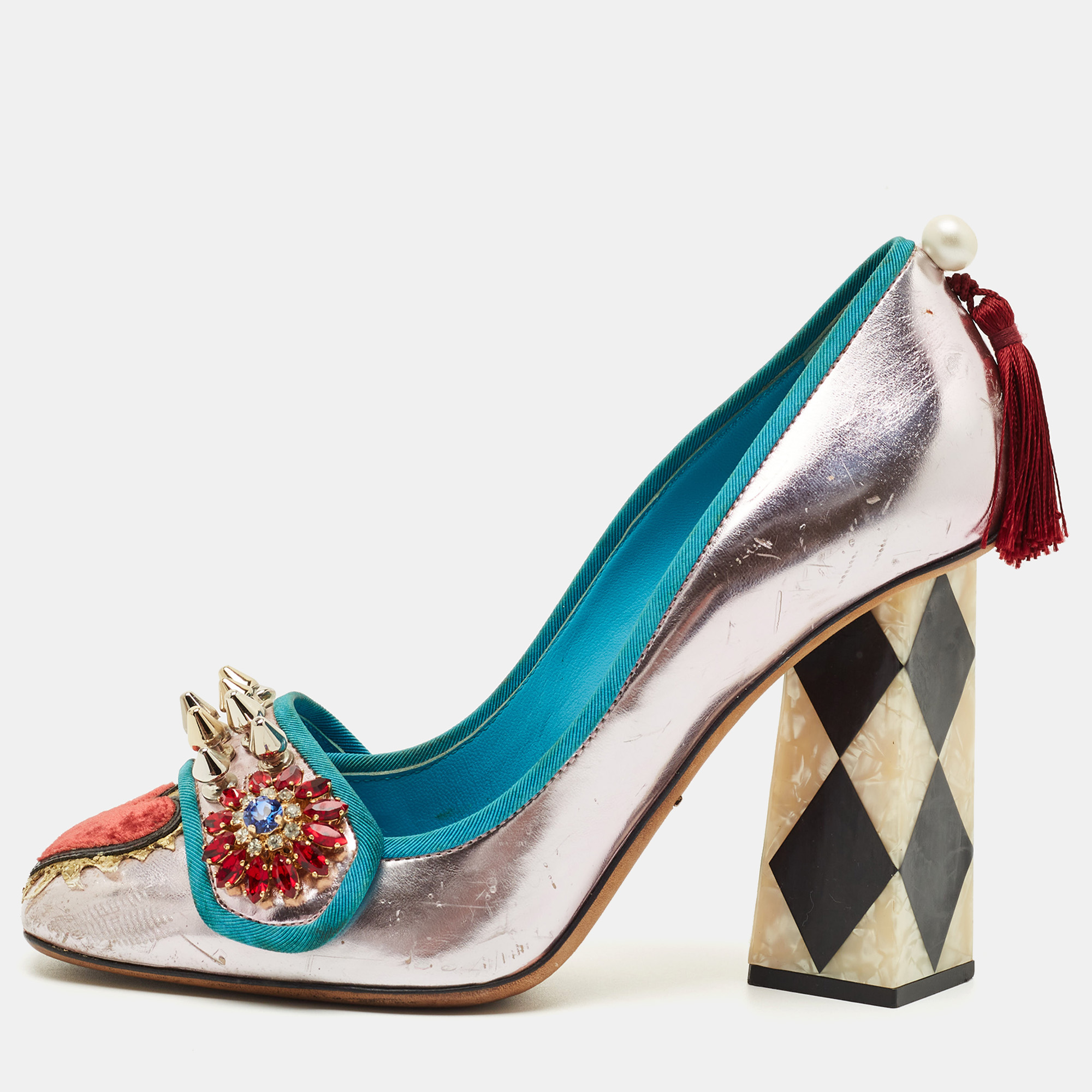 

Dolce & Gabbana Multicolor Canvas and Leather Block Heel Pumps Size
