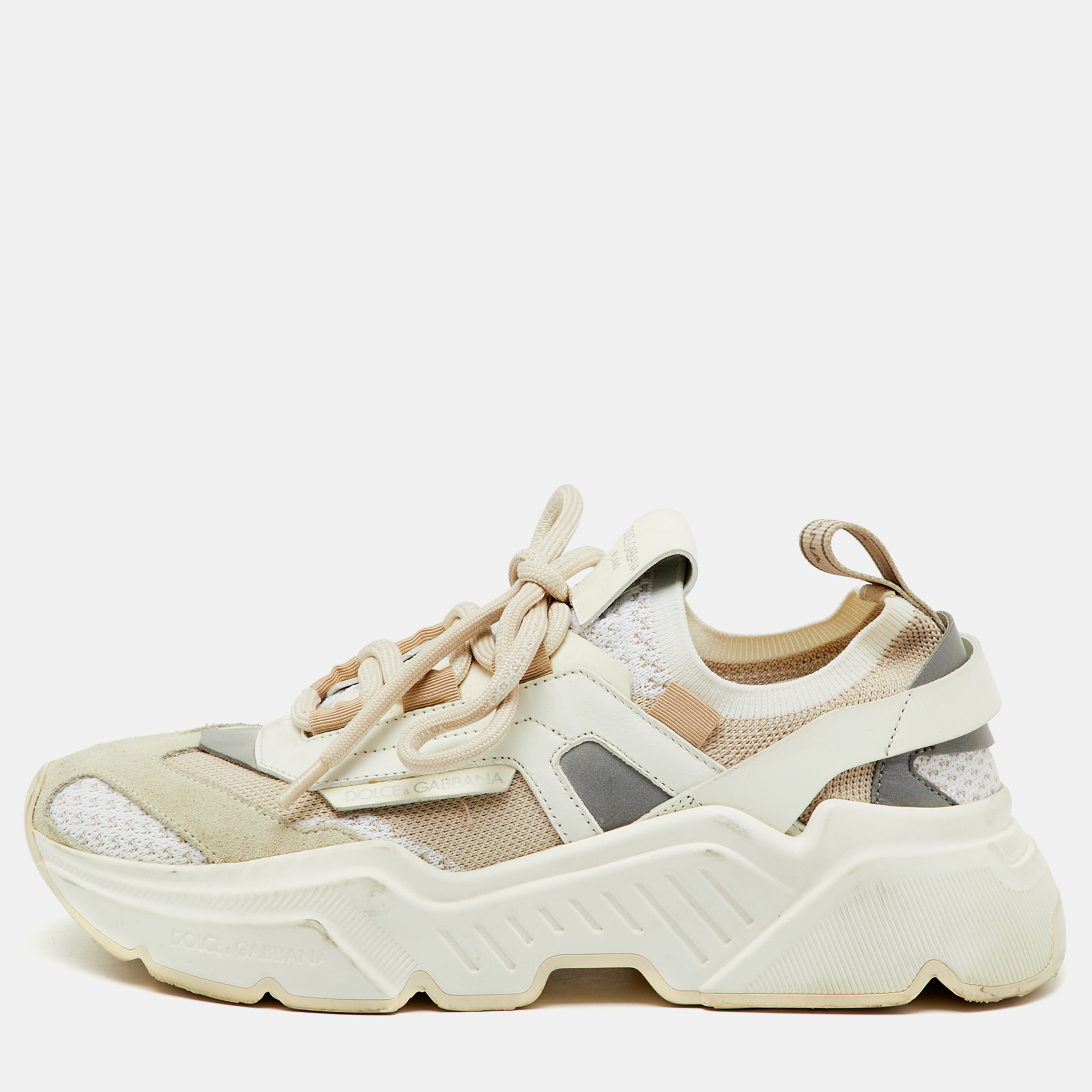 

Dolce & Gabbana White/Beige Knit Fabric and Leather Daymaster Sneakers Size