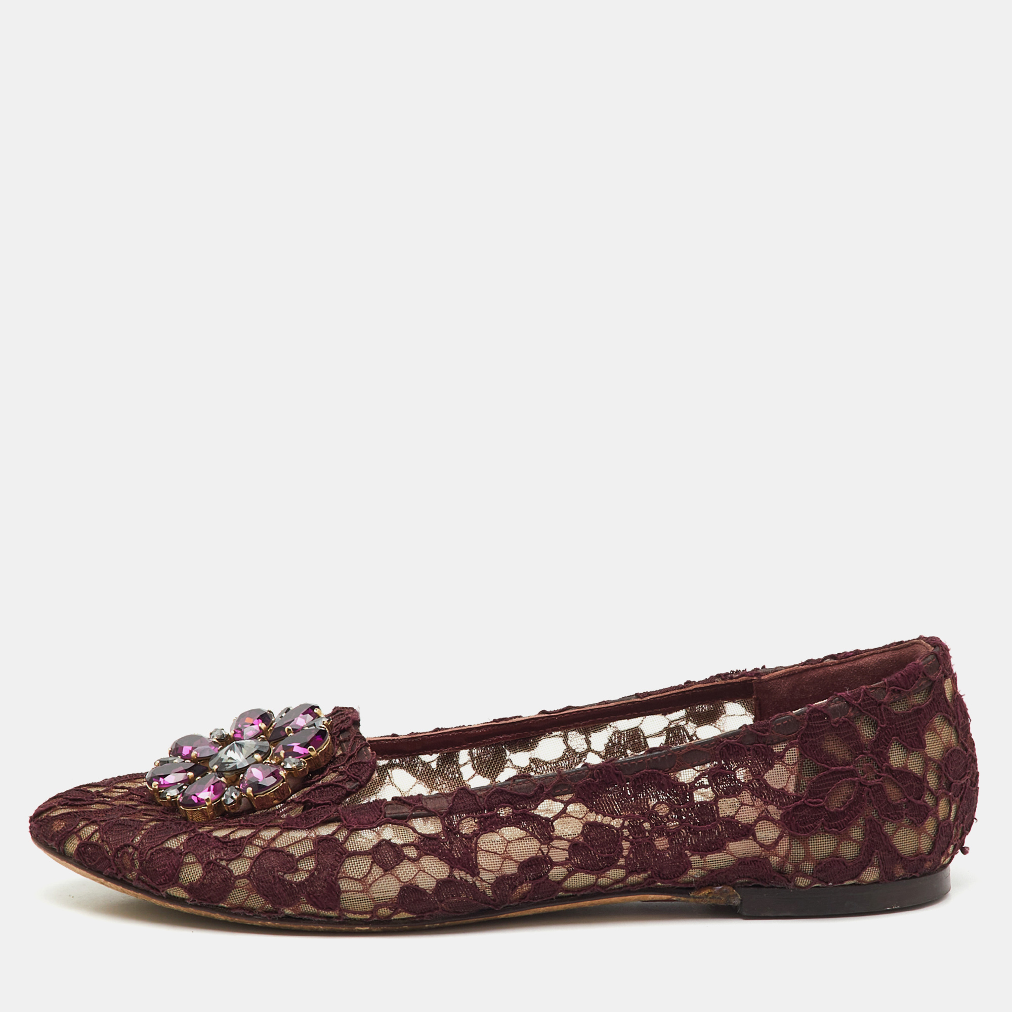 Pre-owned Dolce & Gabbana Burgundy Lace Crystal Embellished Taormina Ballet Flats Size 39