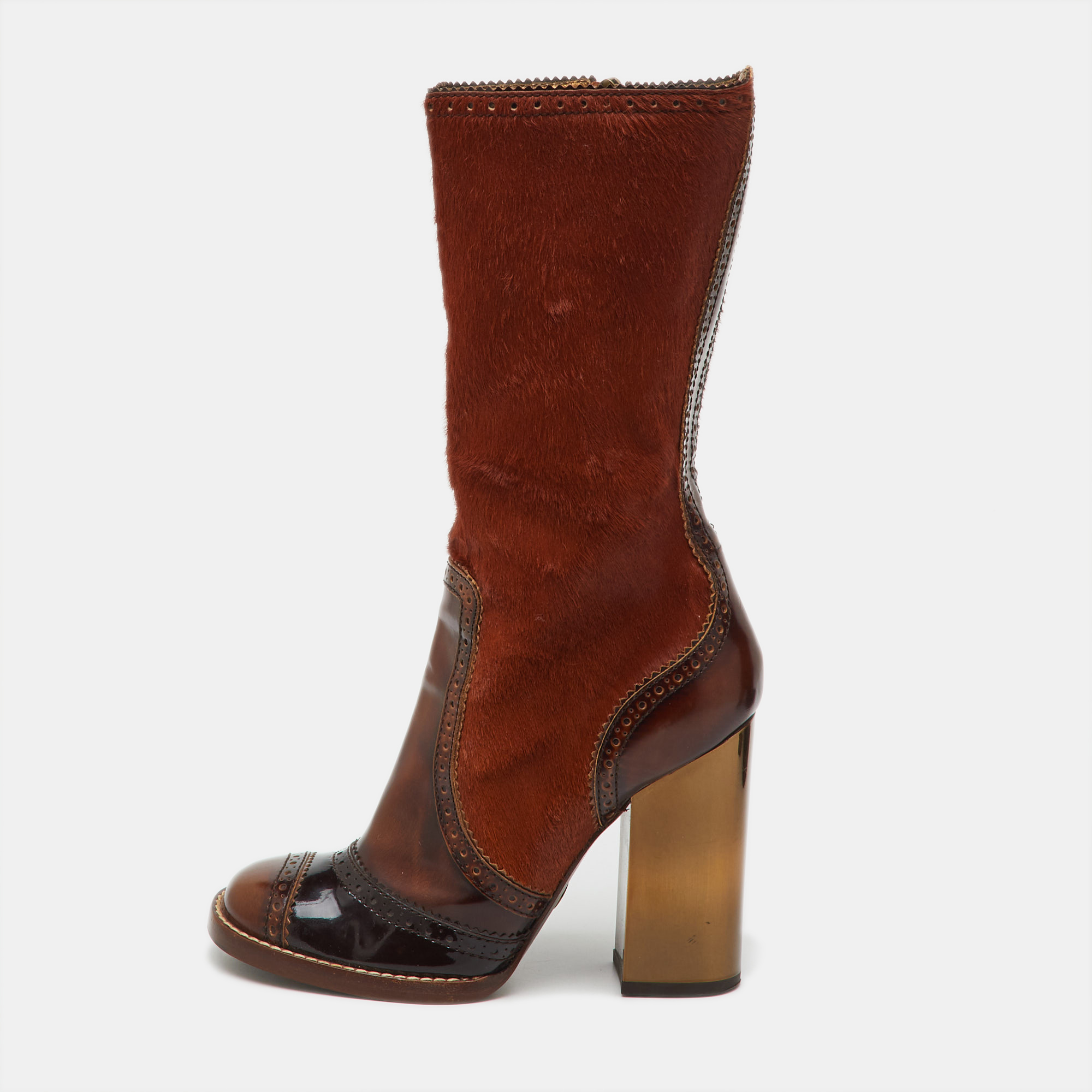 

Dolce & Gabbana Brown Patent Leather and Calf Hair Calf Length Boots Size