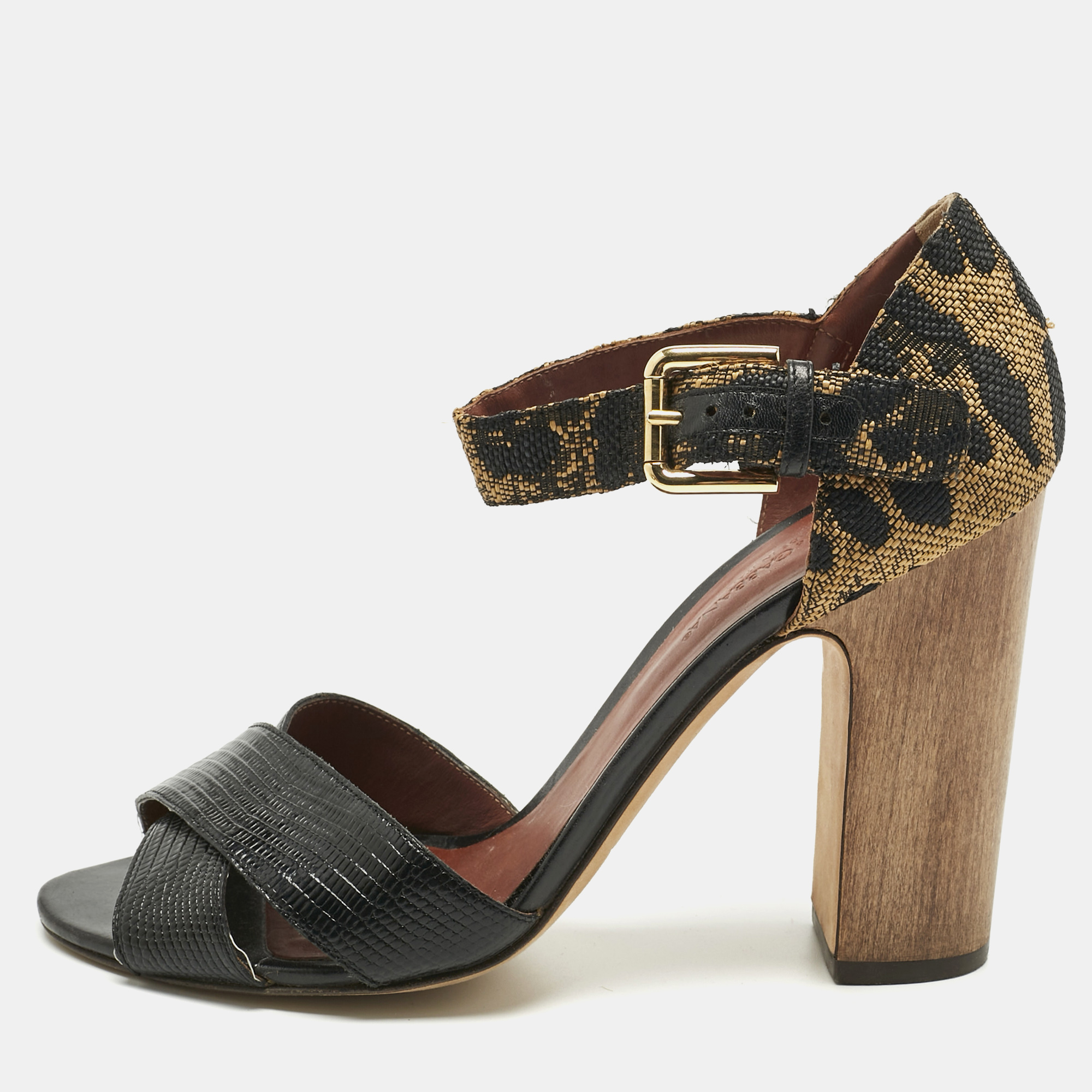 

Dolce & Gabbana Black/Brown Lizard Embossed Leather and Raffia Ankle Strap Sandals Size