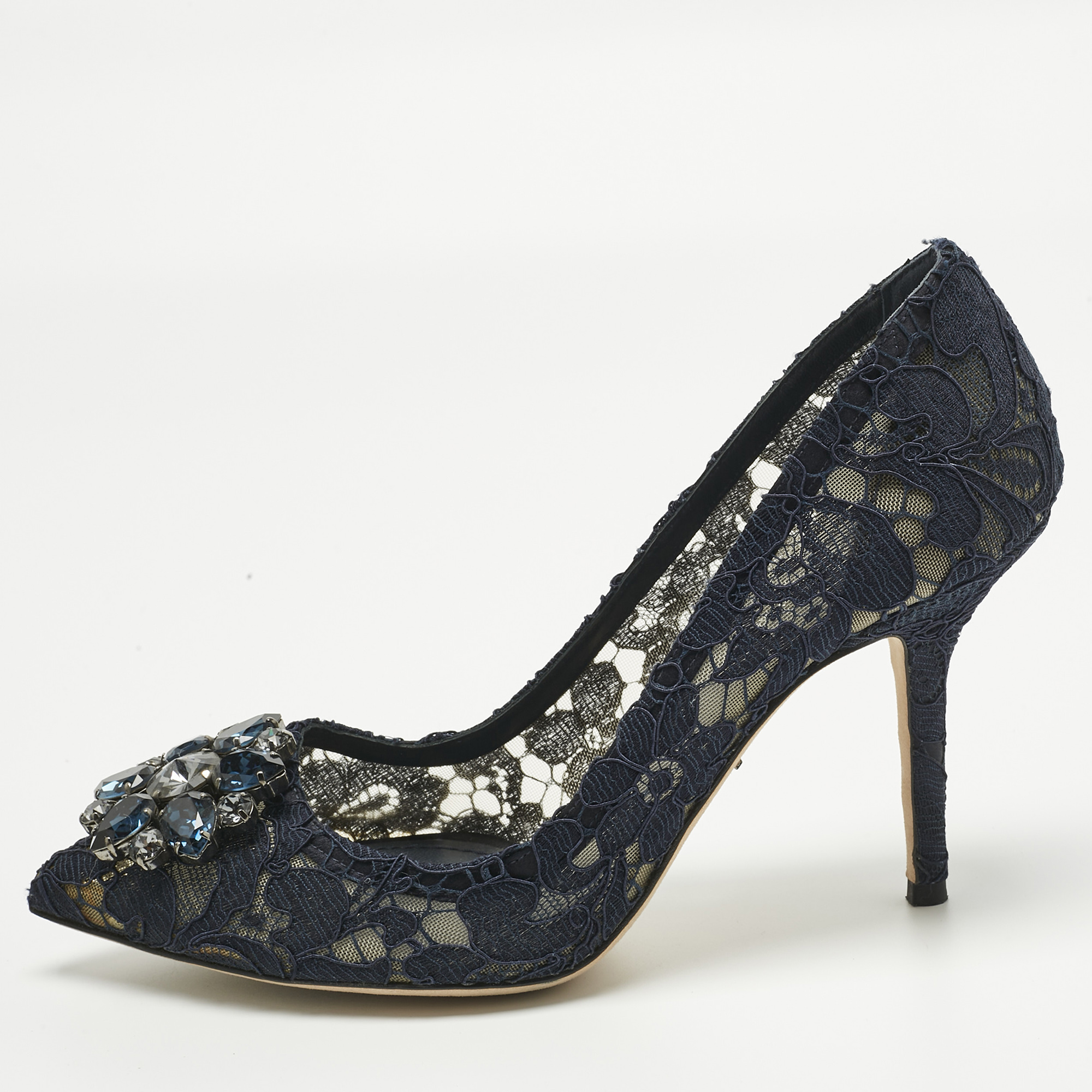 Pre-owned Dolce & Gabbana Navy Blue Lace Crystal Embellished Bellucci Pointed Toe Pumps Size 39