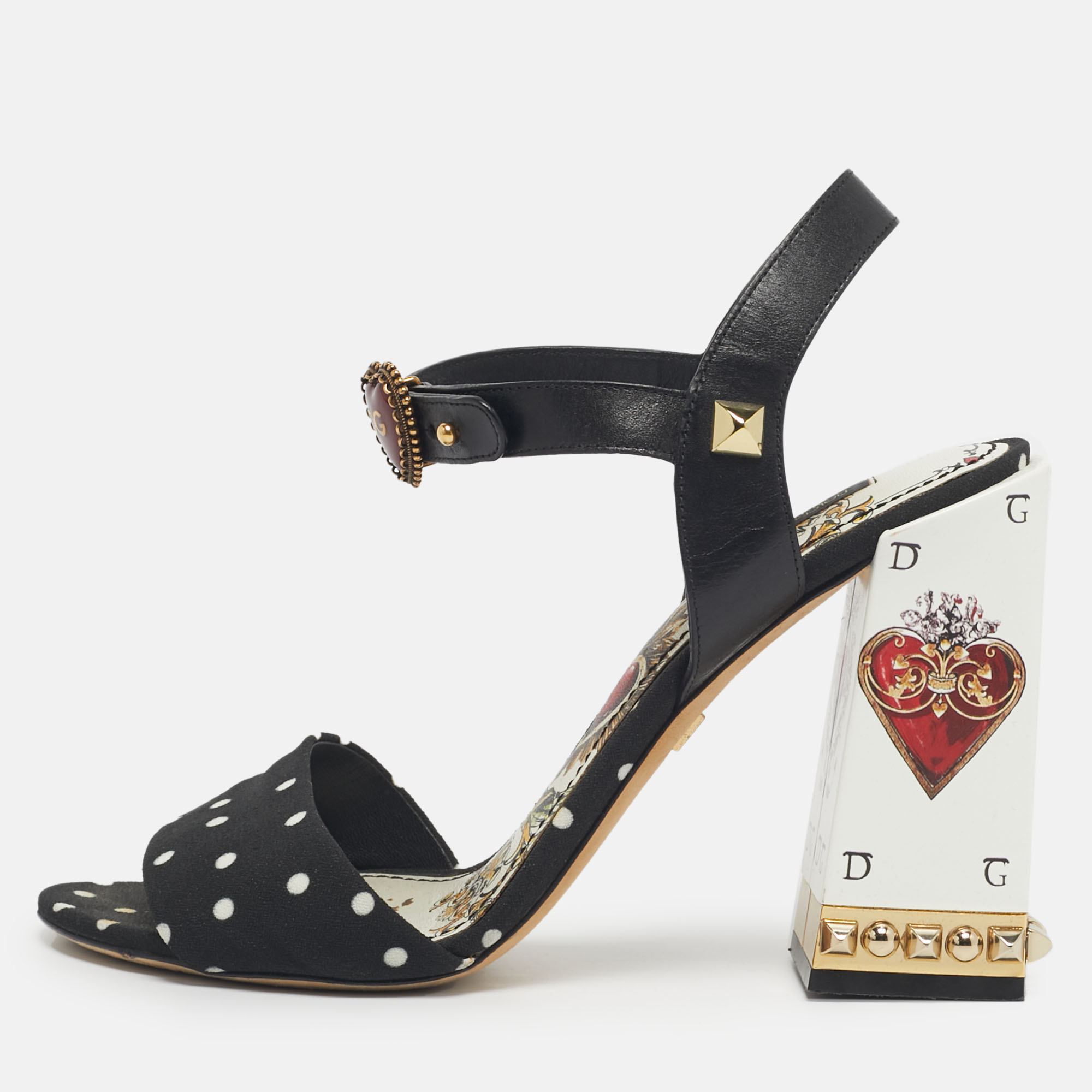 Dolce & Gabbana White/Black Leather Heart Buckle Polka Dot Cady Sandals Size 39.5