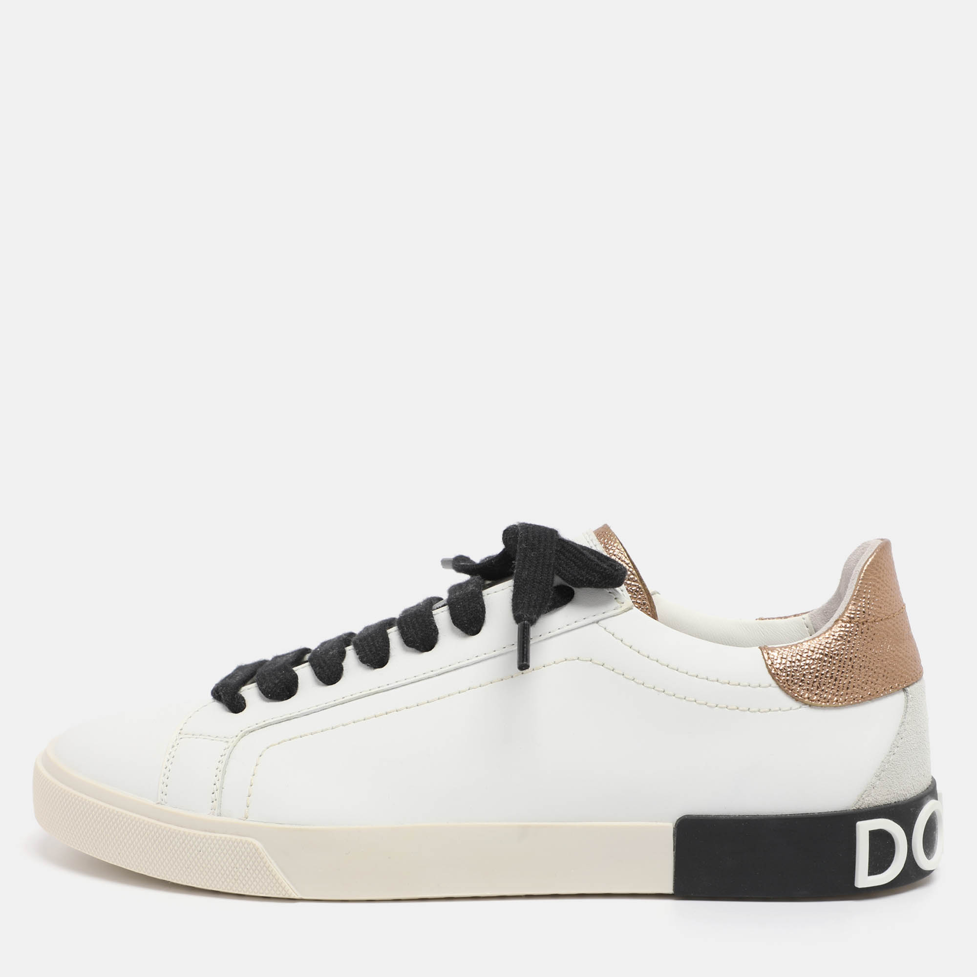 Pre-owned Dolce & Gabbana White/gold Leather Portofino Low Top Sneakers Size 40