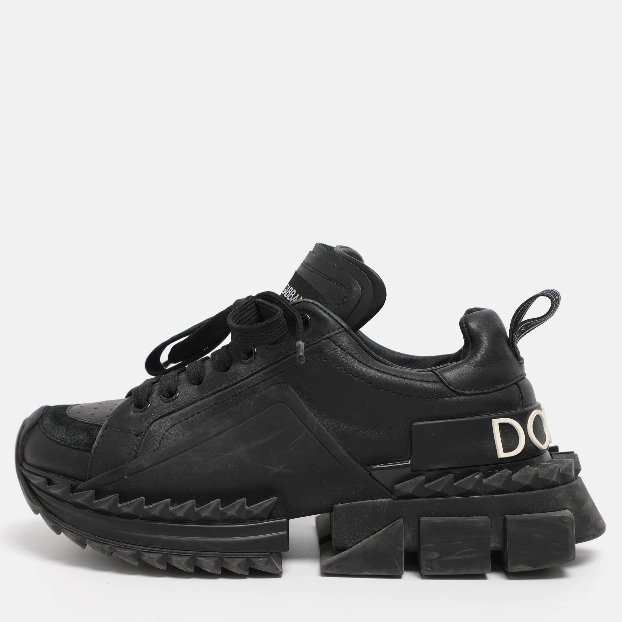 Pre-owned Dolce & Gabbana Black Leather And Rubber Super King Low Top Sneakers Size 37