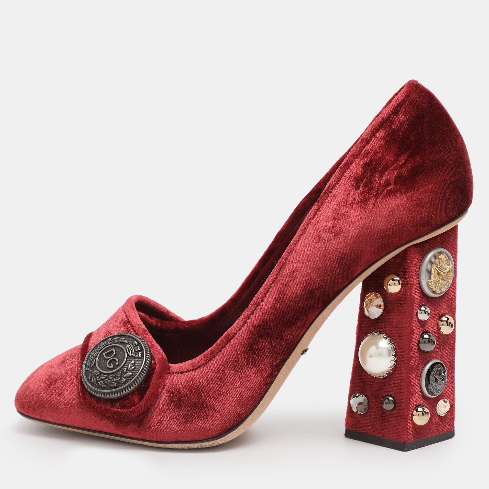 

Dolce & Gabbana Red Velvet Jackie Embellished Block Heel Pumps Size