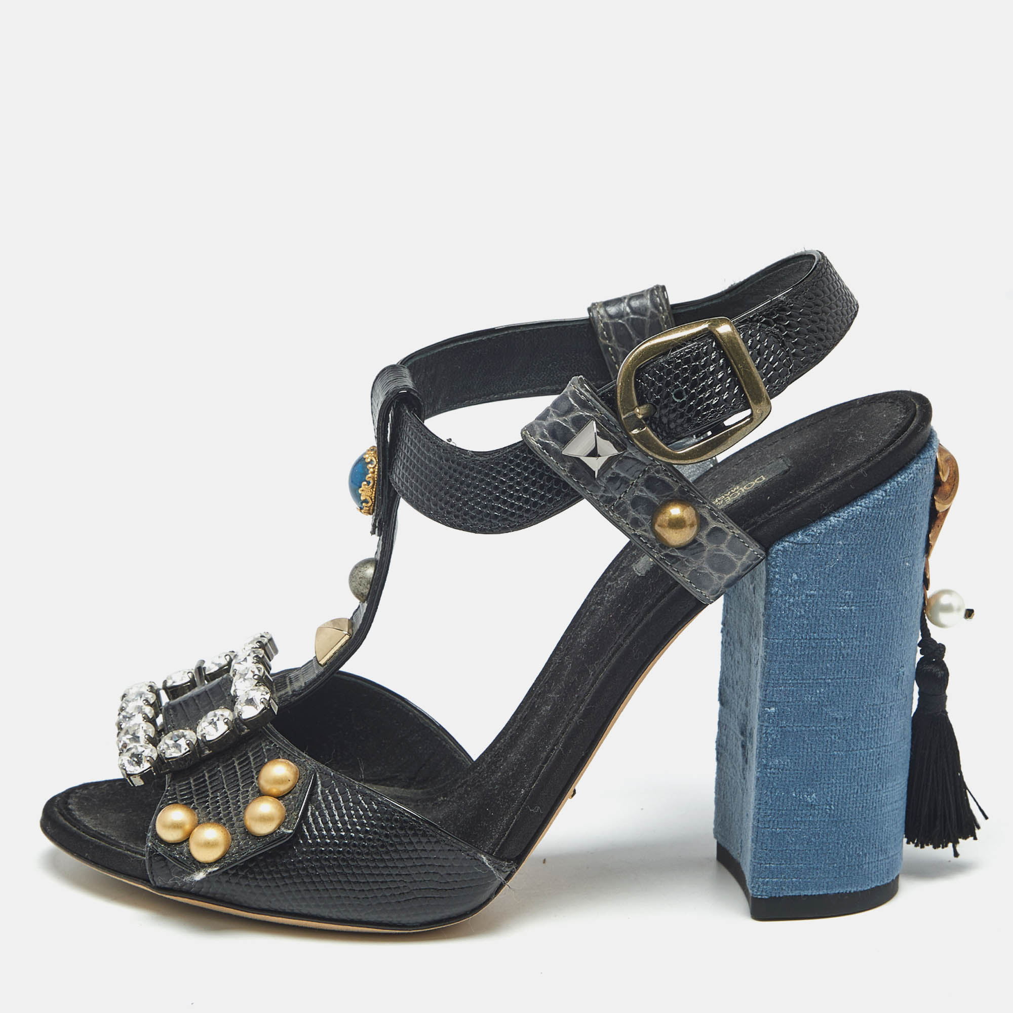 

Dolce & Gabbana Black Lizard Embossed Leather and Velvet T Strap Sandals Size