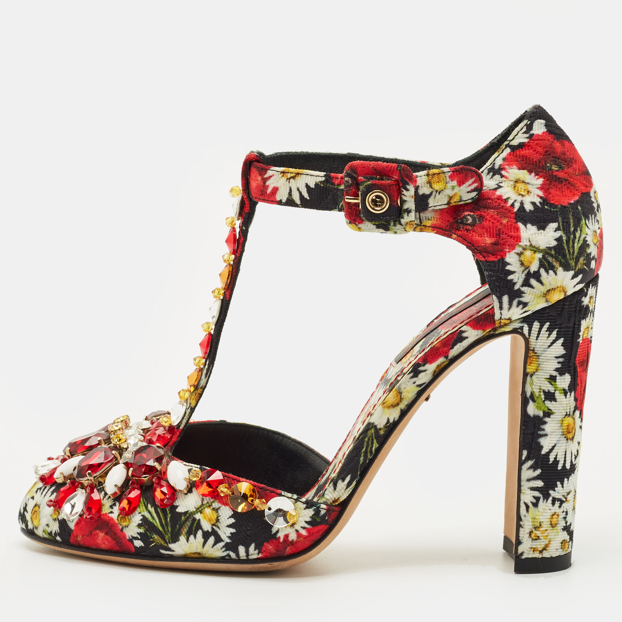 Pre-owned Dolce & Gabbana Multicolor Brocade Fabric Crystal Embellished Mary Jane Pumps Size 36
