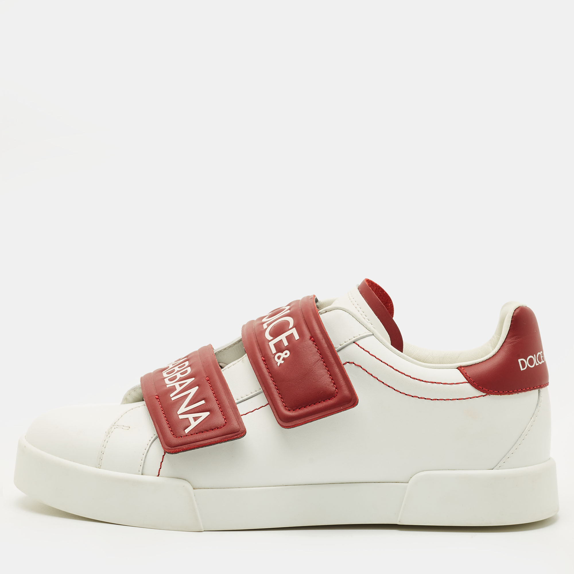 Dolce & Gabbana White/Red Leather Logo Velcro Strap Low Top Sneakers Size 39