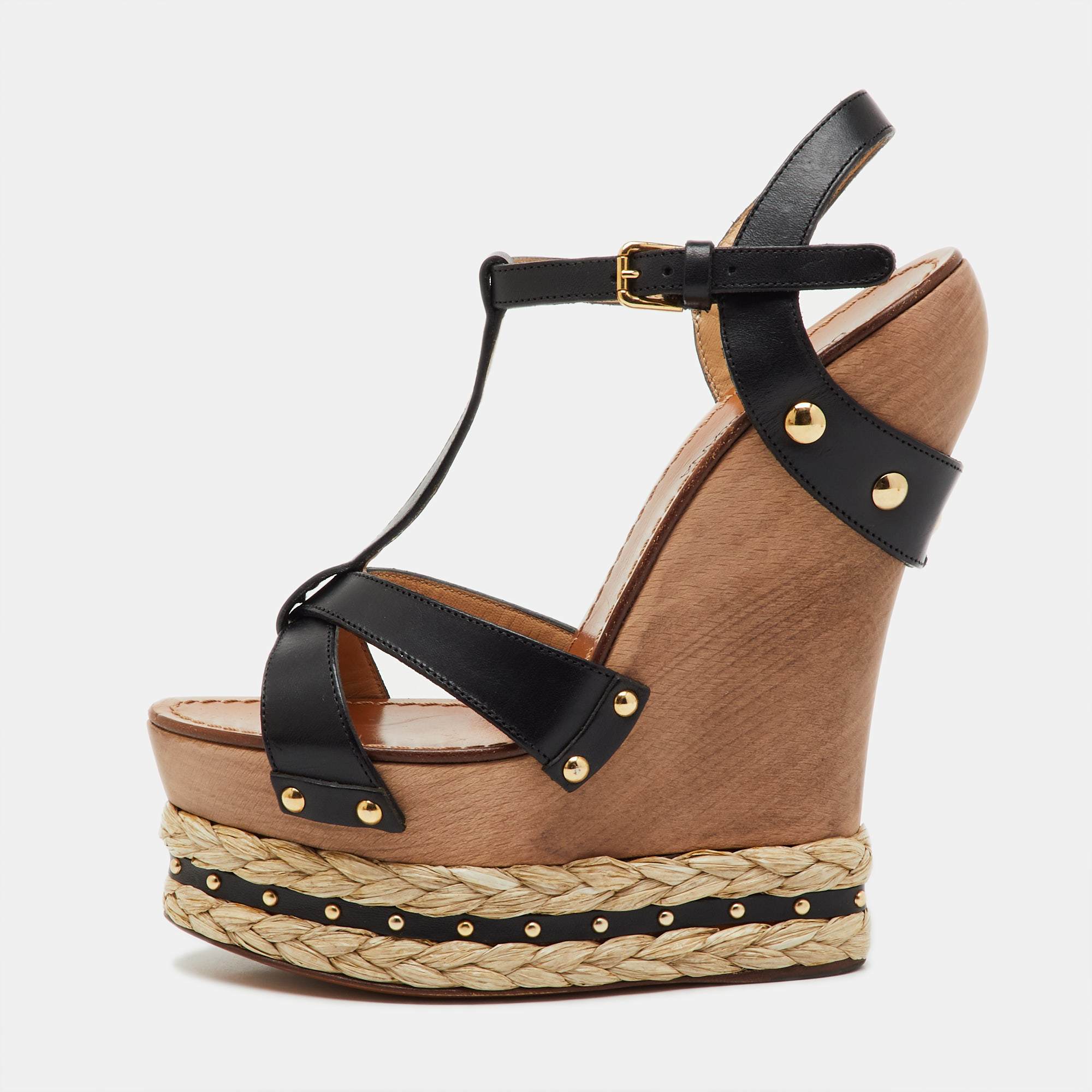 

Dolce & Gabbana Black Leather Woven Raffia Platform Wooden Wedge Sandals Size