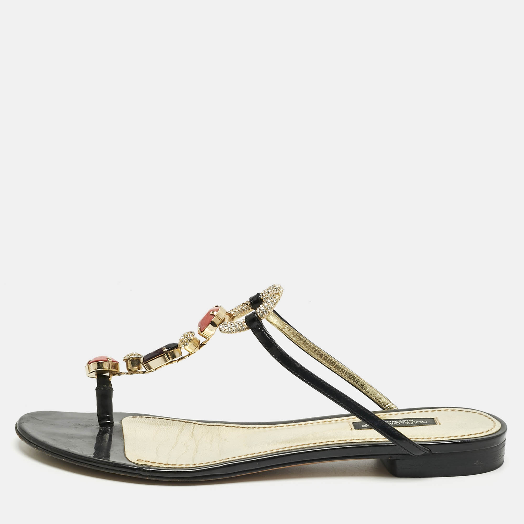 Dolce & Gabbana Black Patent Leather Crystal Embellish Thong Flats Size 39.5
