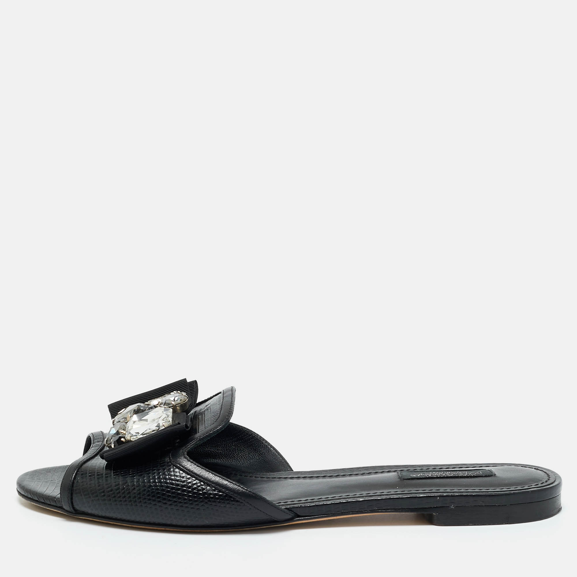 Pre-owned Dolce & Gabbana Black Lizard Embossed Leather Crystal Embellish Flat Slides Size 40