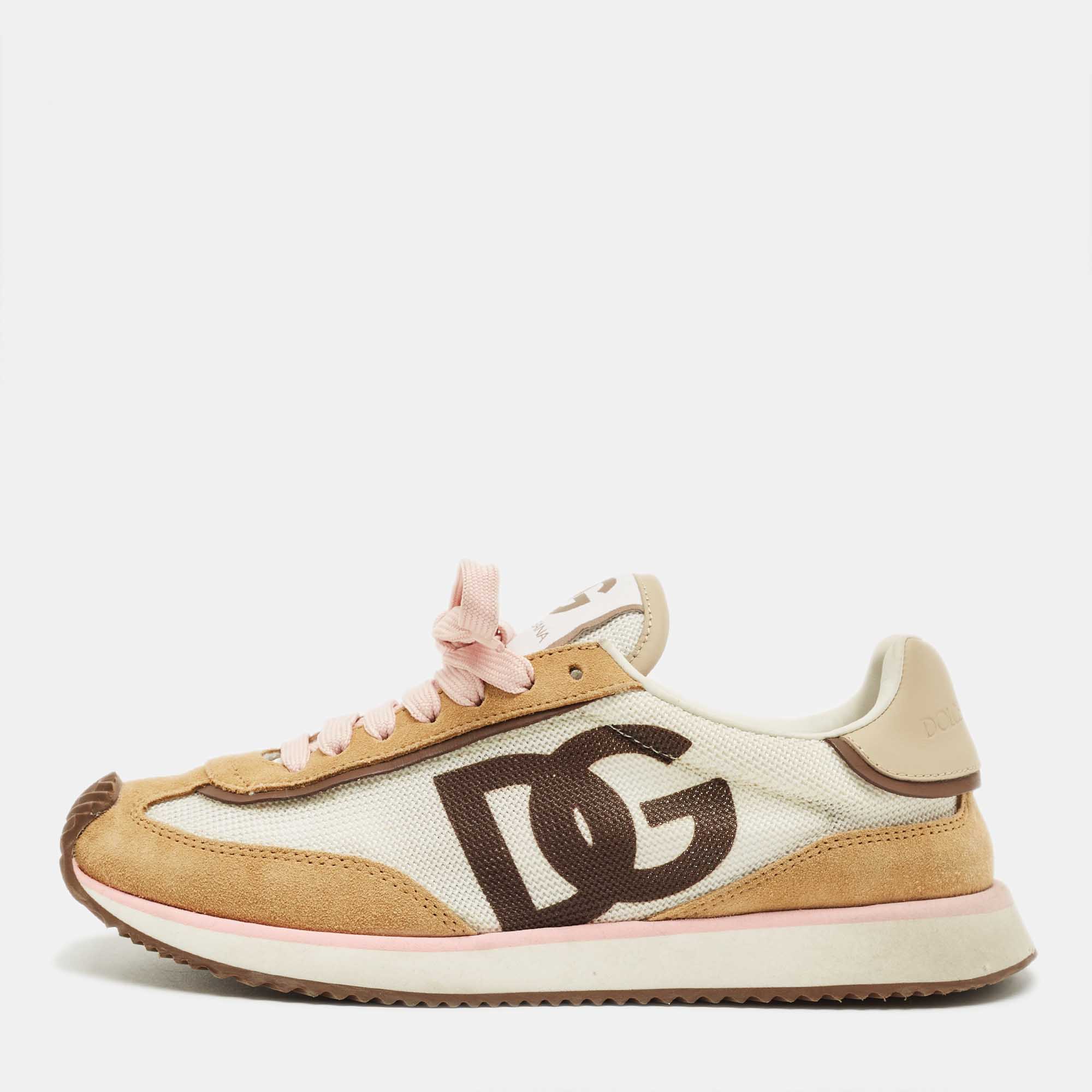 Dolce & Gabbana White/Brown Suede and Leather DG Cushion Sneakers Size 37.5