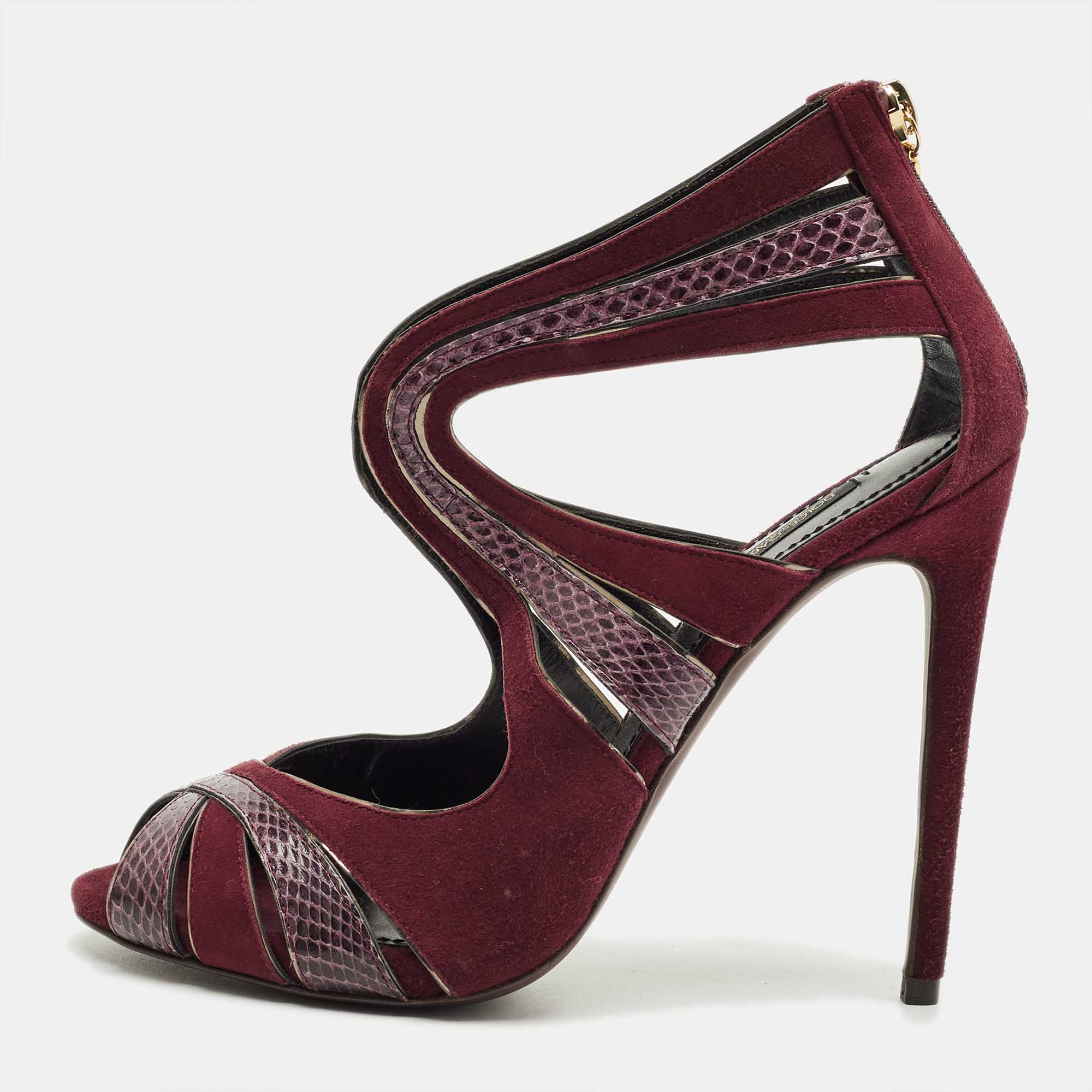 Pre-owned Dolce & Gabbana Burgundy Python Leather And Suede Cut Out Pumps Size 38