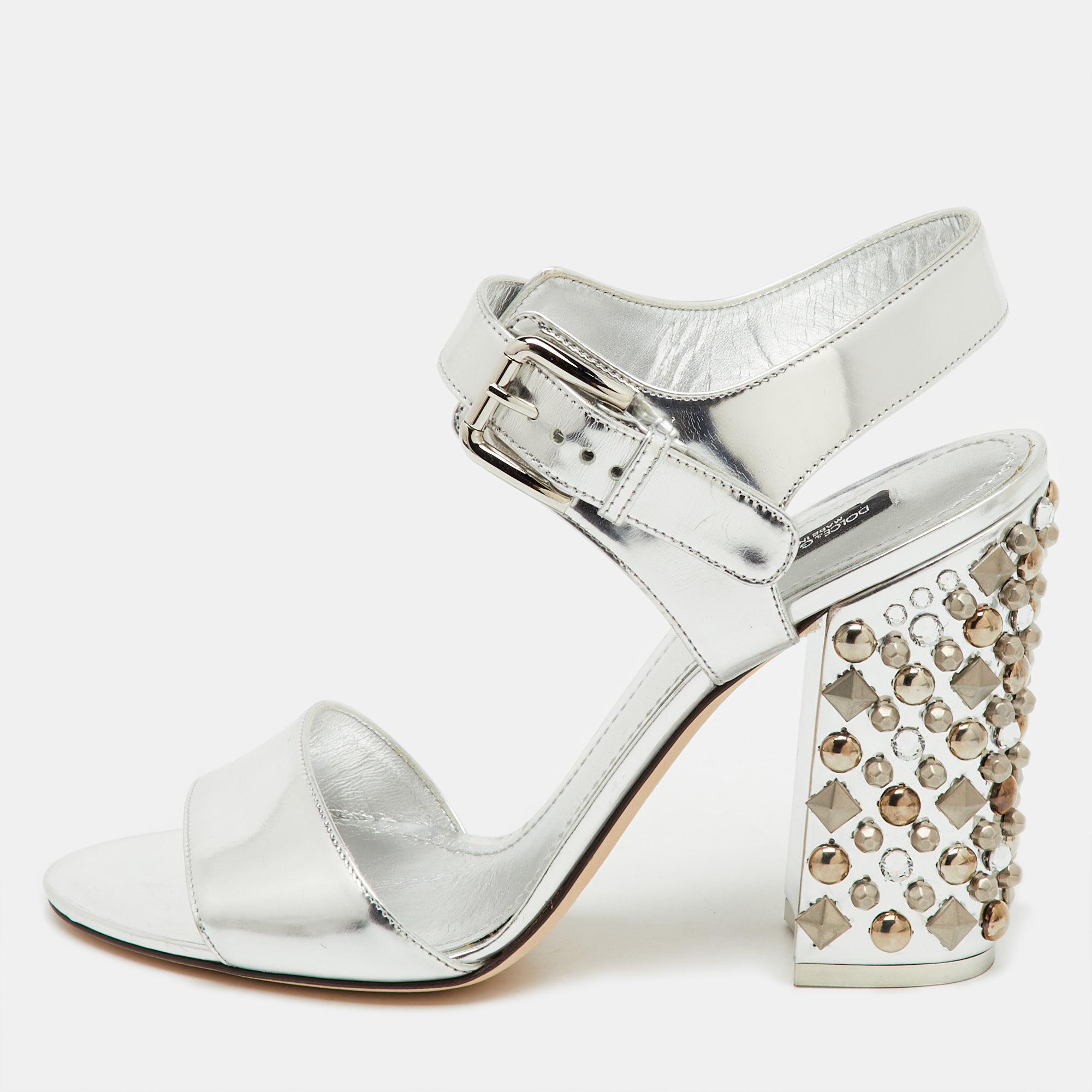 Pre-owned Dolce & Gabbana Silver Leather Embellished Block Heel Ankle Strap Sandals Size 41