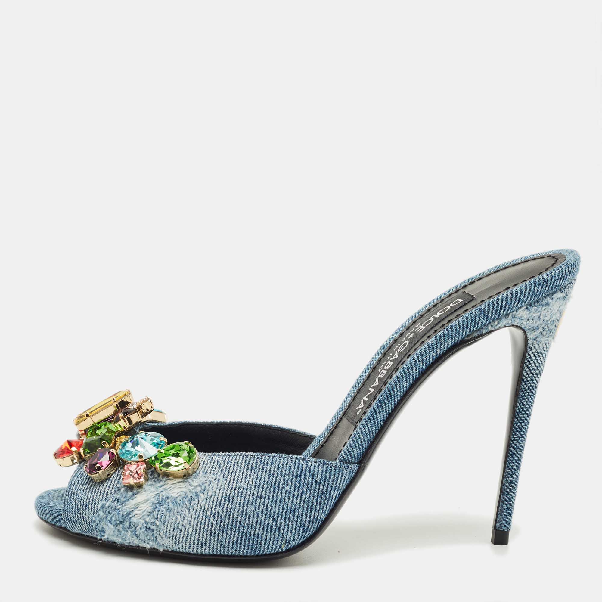 

Dolce & Gabbana Blue Denim Stiletto Heel Peep toe Slide Sandals Size