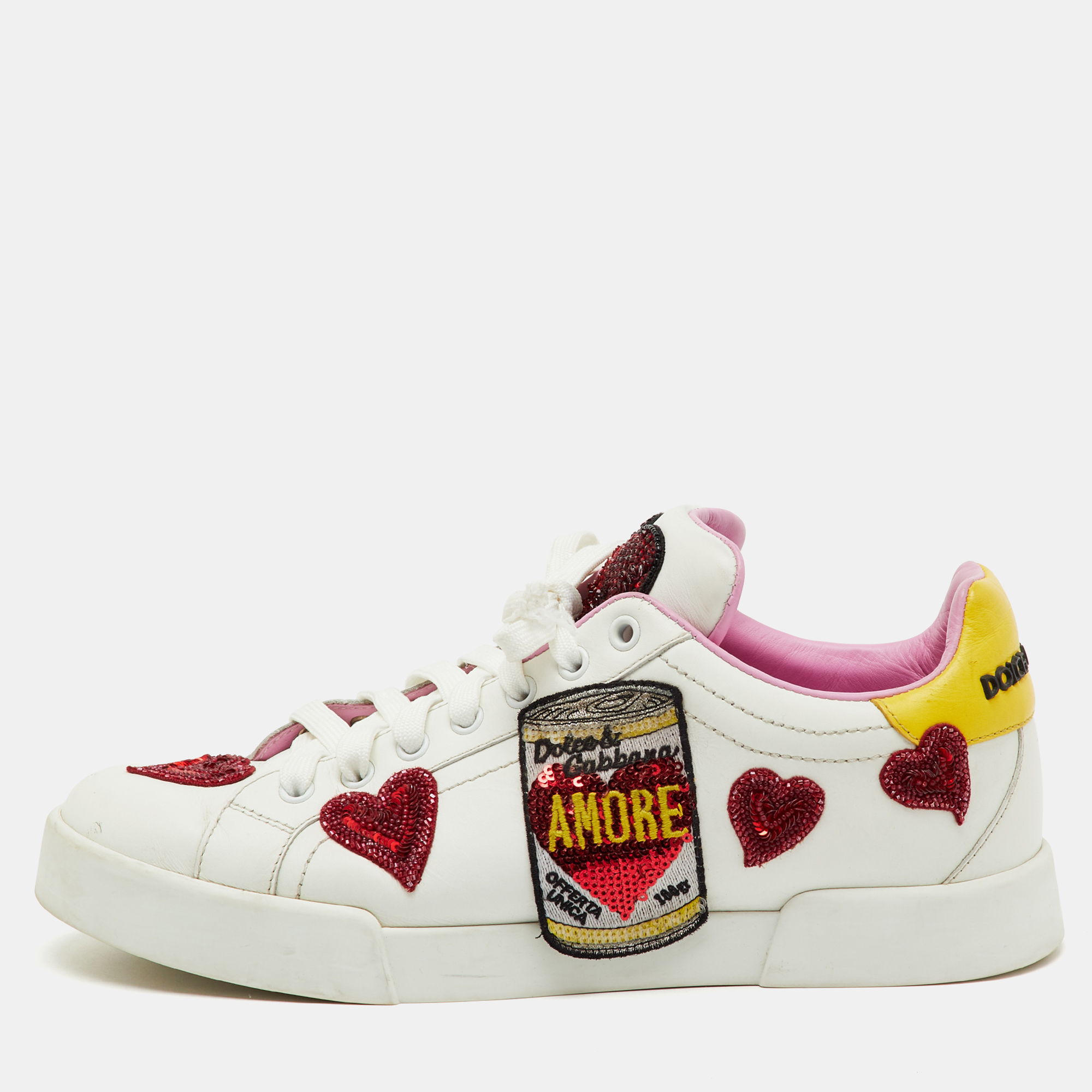 

Dolce & Gabbana White/Yellow Leather Amore Heart Embroidered Low Top Sneakers Size