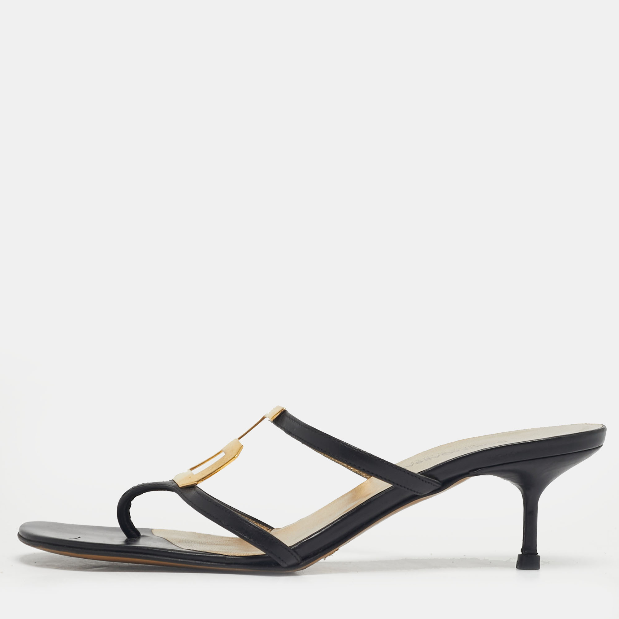 

Dolce & Gabbana Black Leather Logo Plaque Thong Sandals Size