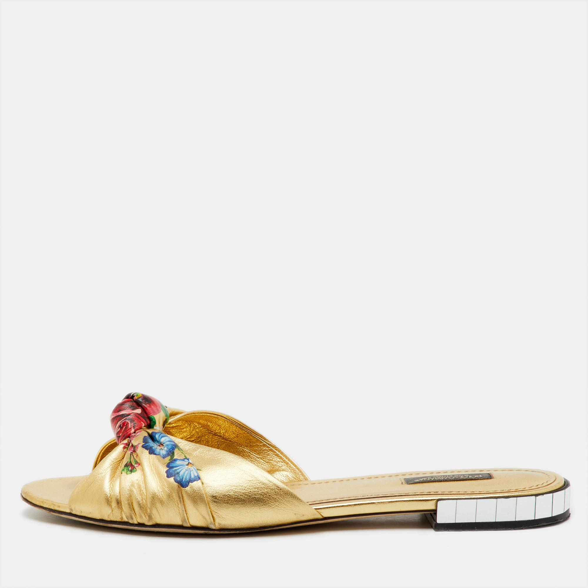 

Dolce & Gabbana Gold Leather Floral Print Knot Flat Slide Sandals SIze