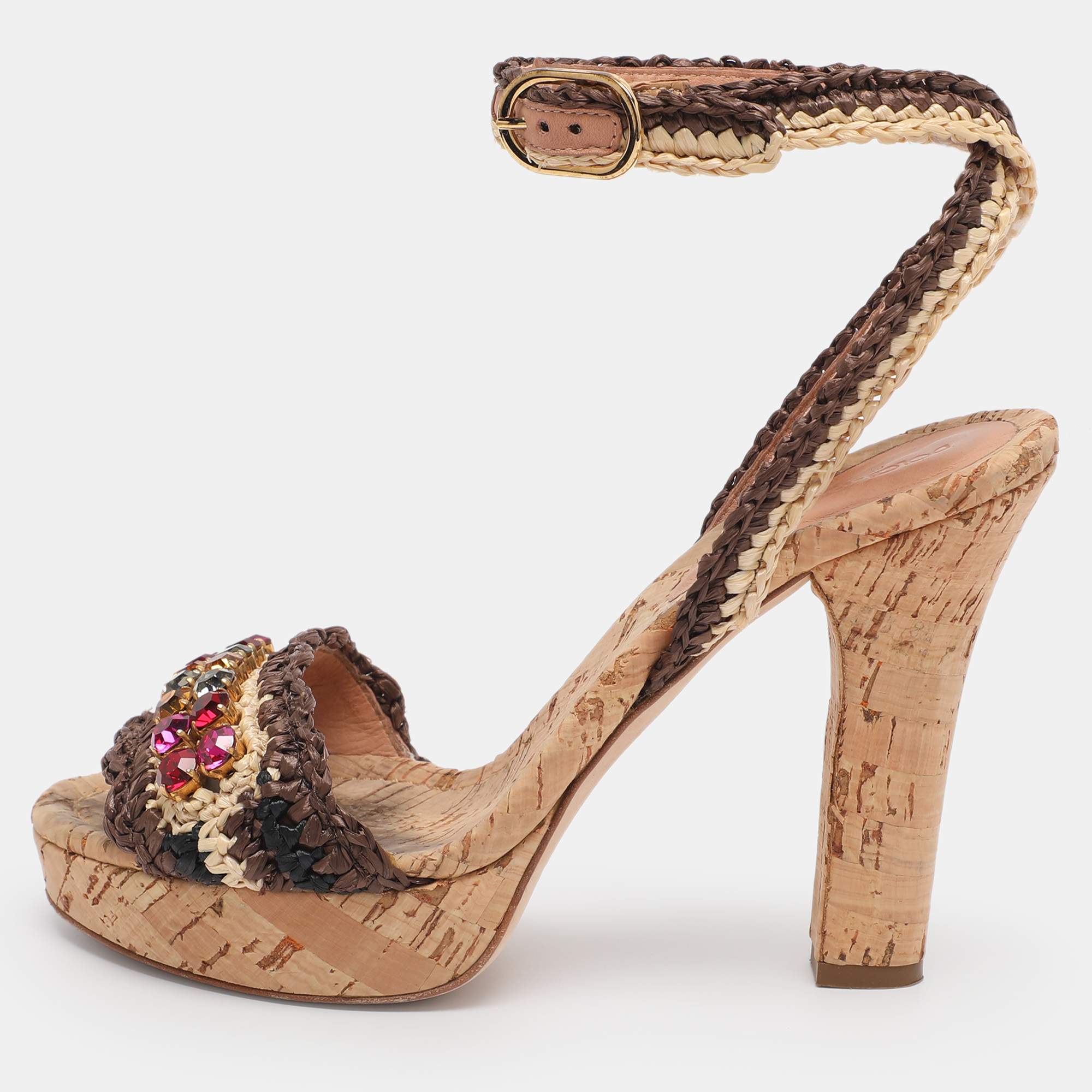 Pre-owned Dolce & Gabbana Beige/brown Straw Crystal Embellished Ankle Strap Sandals Size 38