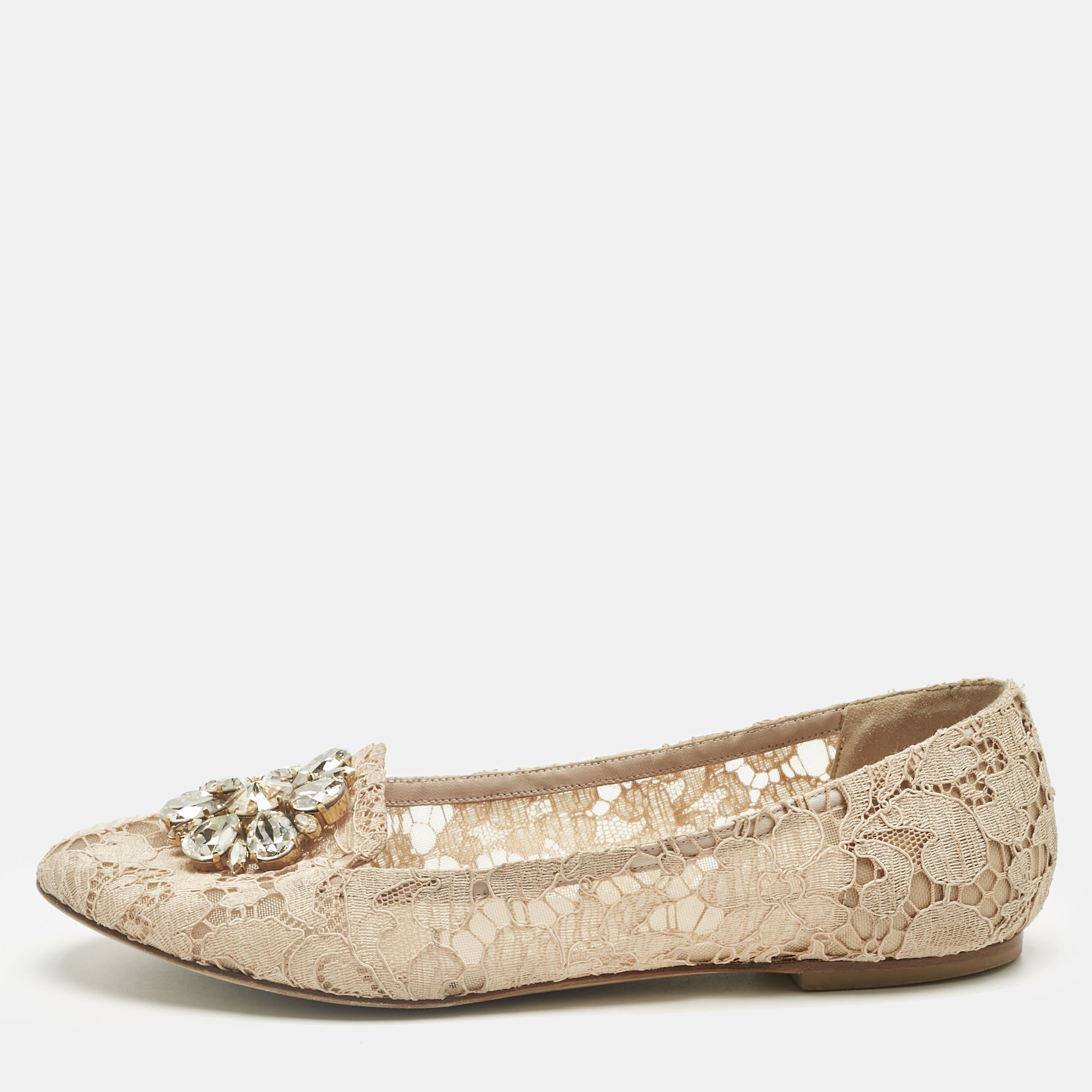 

Dolce & Gabbana Beige Lace Crystal Embellish Ballet Flats Size
