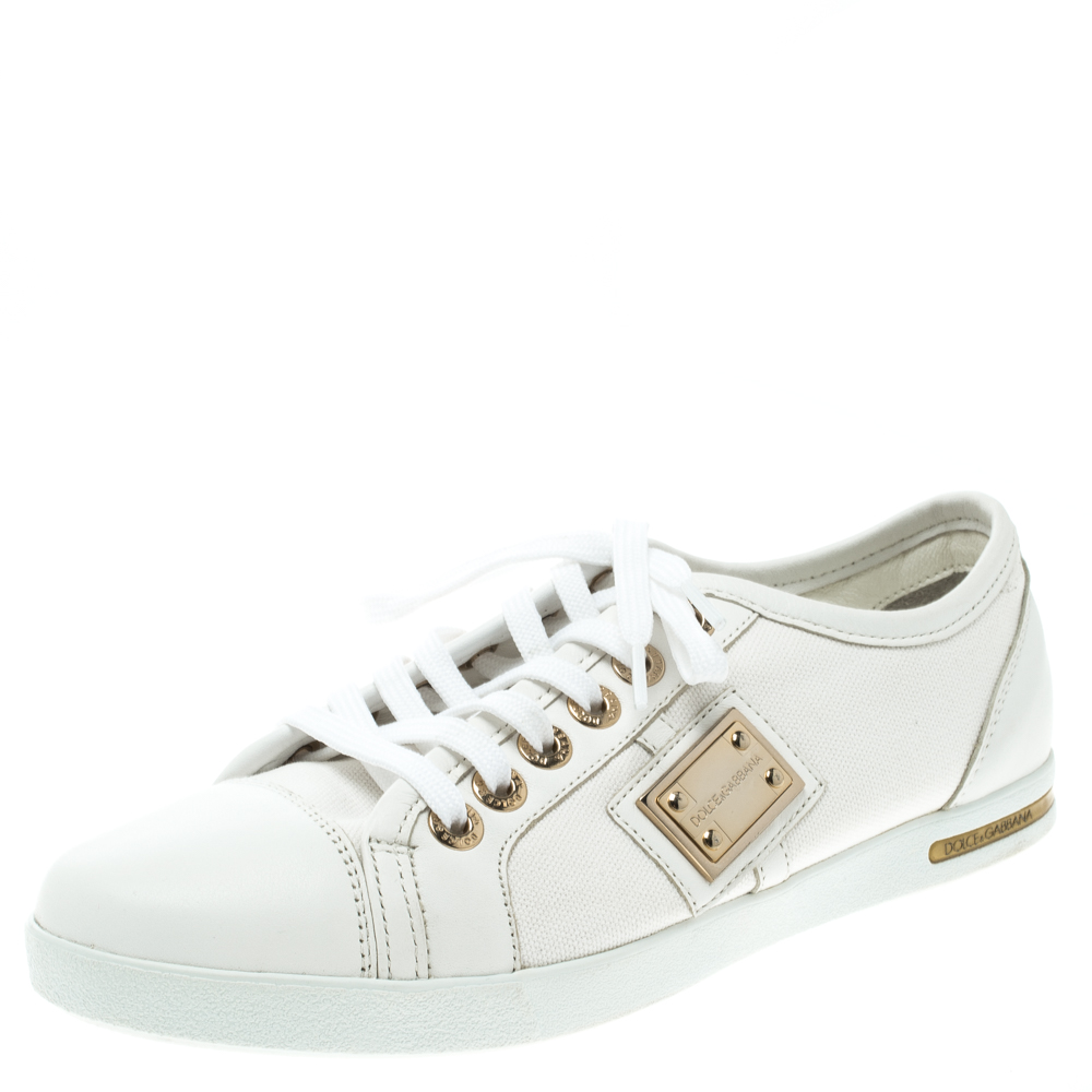 White Canvas and Leather Sneakers 
