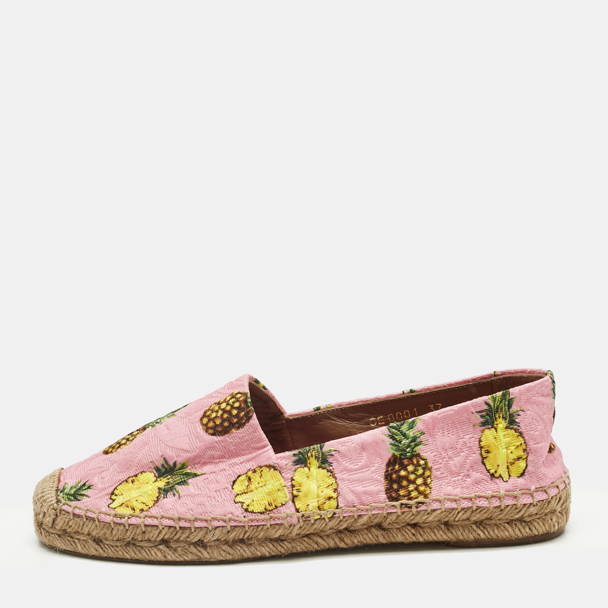 Pre-owned Dolce & Gabbana Pink/yellow Pineapple Print Brocade Espadrilles Flats Size 37