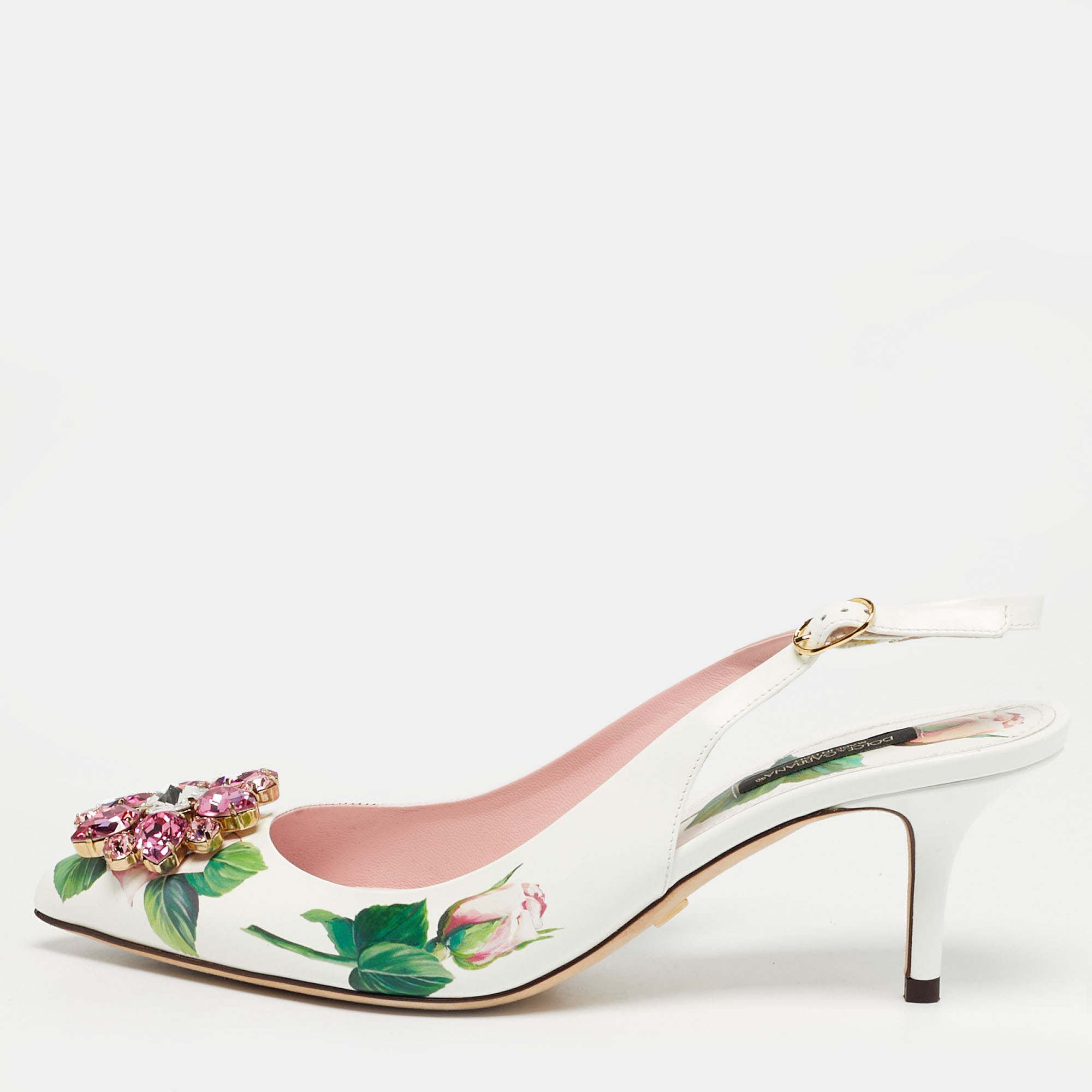 

Dolce & Gabbana White Tropical Rose Print Leather Slingback Pumps Size