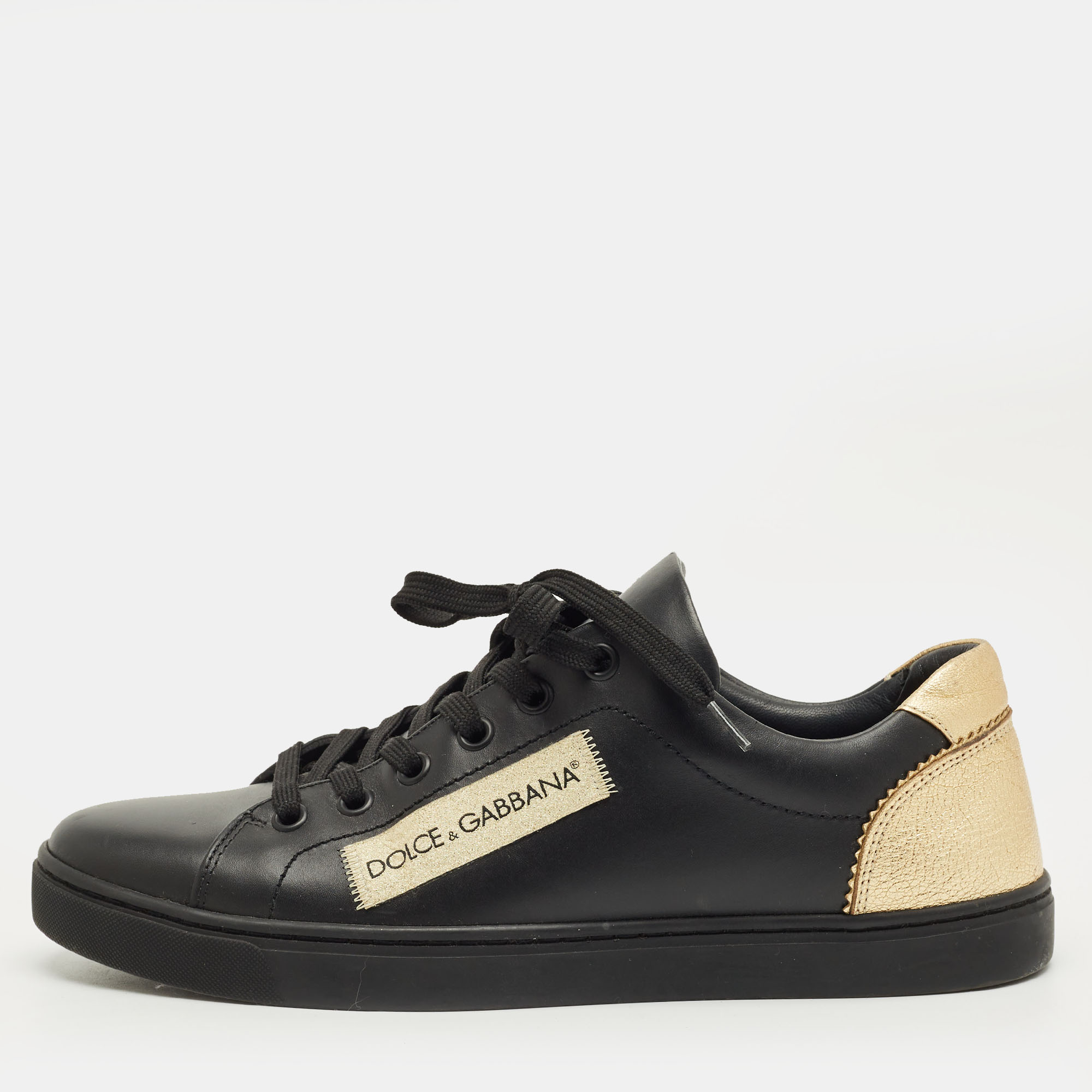 

Dolce & Gabbana Black/Gold Portofino Leather Logo Lace Up Sneakers Size