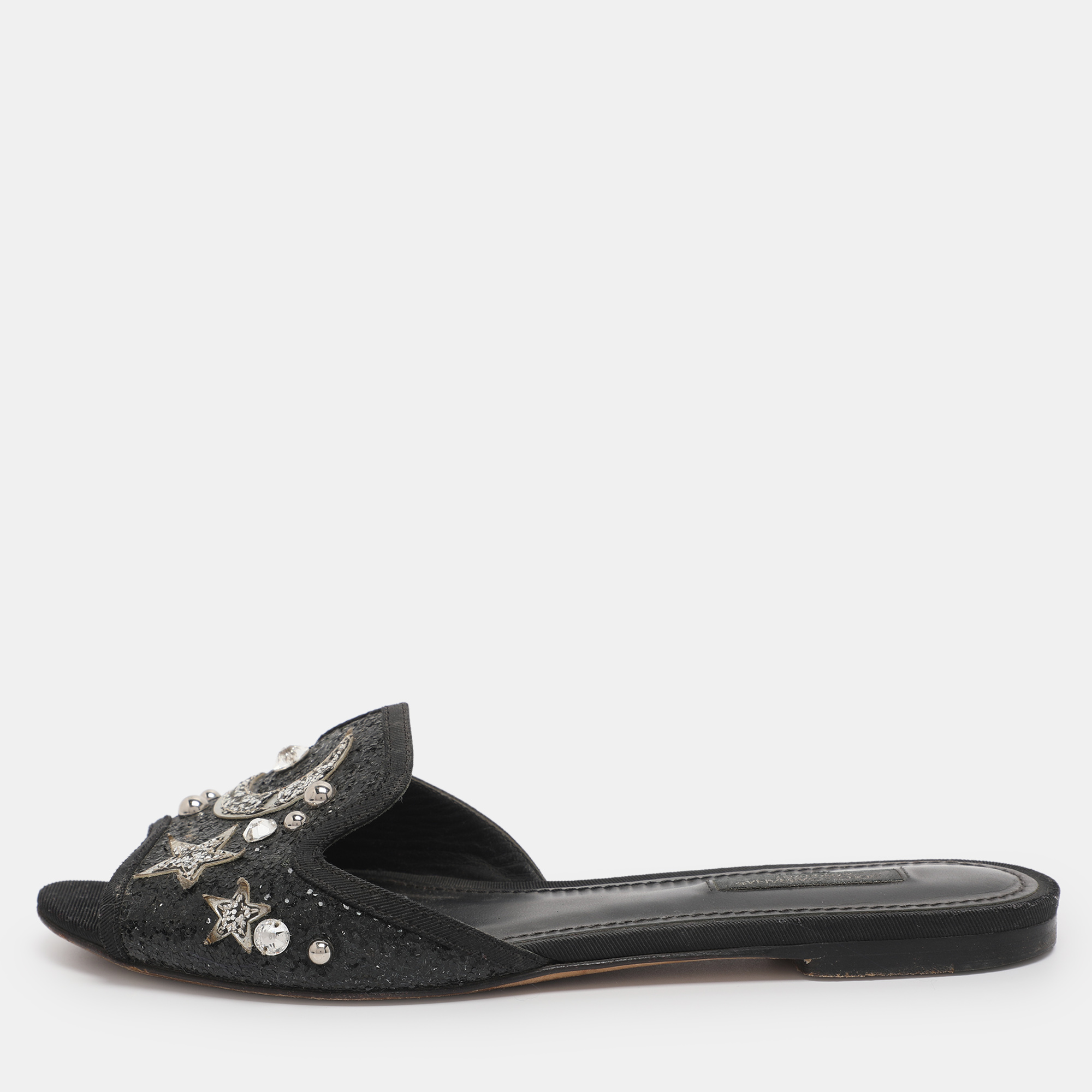 

Dolce & Gabbana Black Glitter Bianca Star And Moon Embellished Slide Sandals Size 37