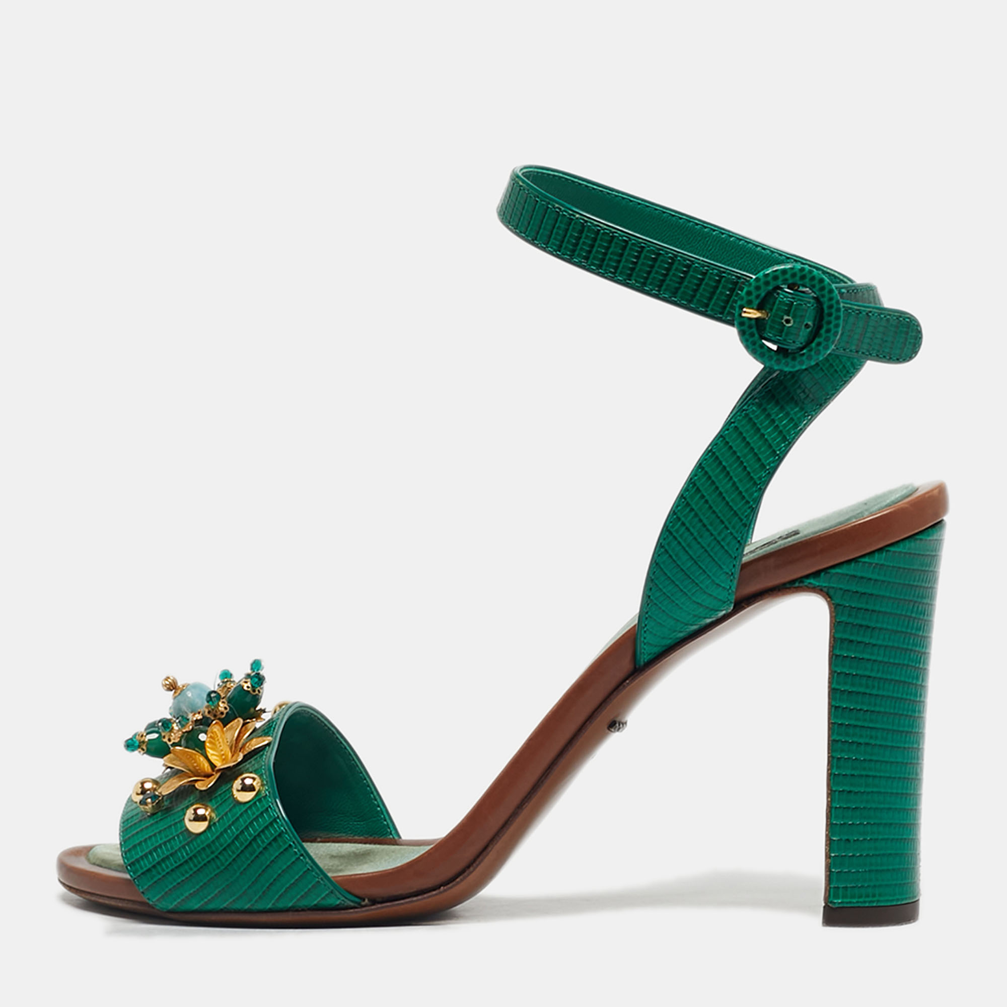 

Dolce & Gabbana Green Lizard Embossed Leather Embellished Ankle Strap Sandals Size