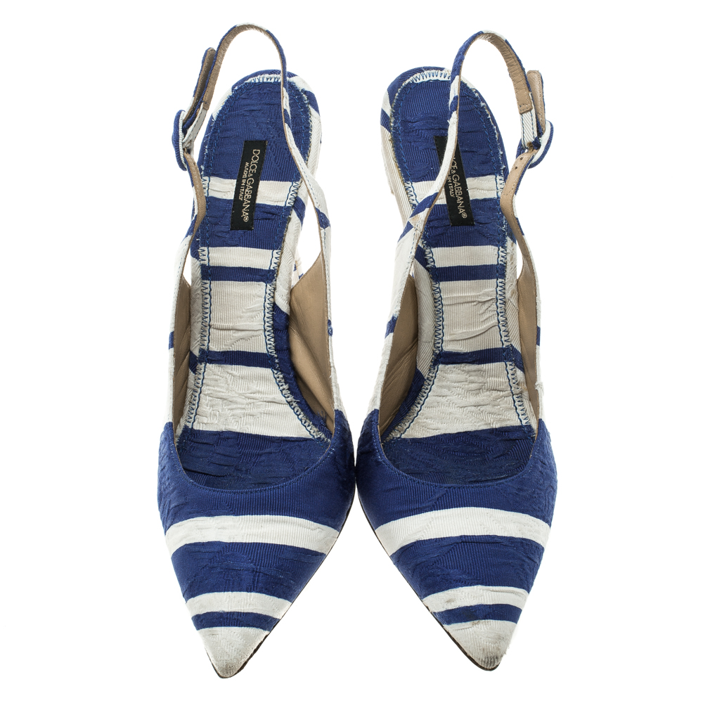 Pre Owned Dolce and Gabbana Blue and White Printed Fabric Pointed Toe Slingback Sandals Size 41