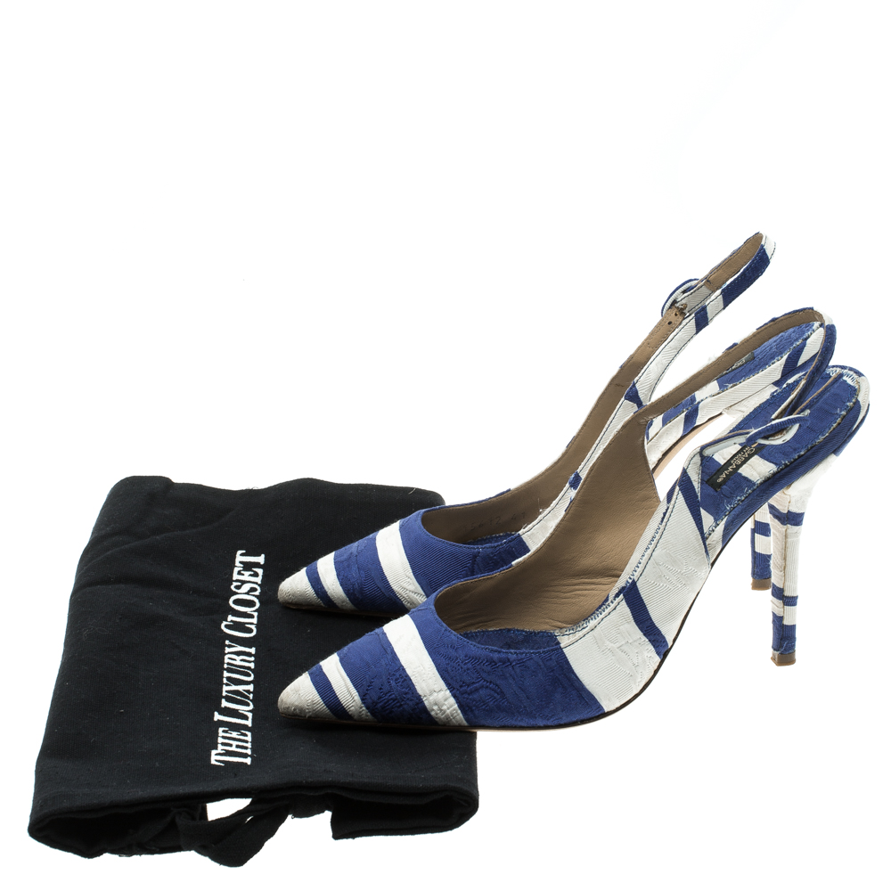 Pre Owned Dolce and Gabbana Blue and White Printed Fabric Pointed Toe Slingback Sandals Size 41
