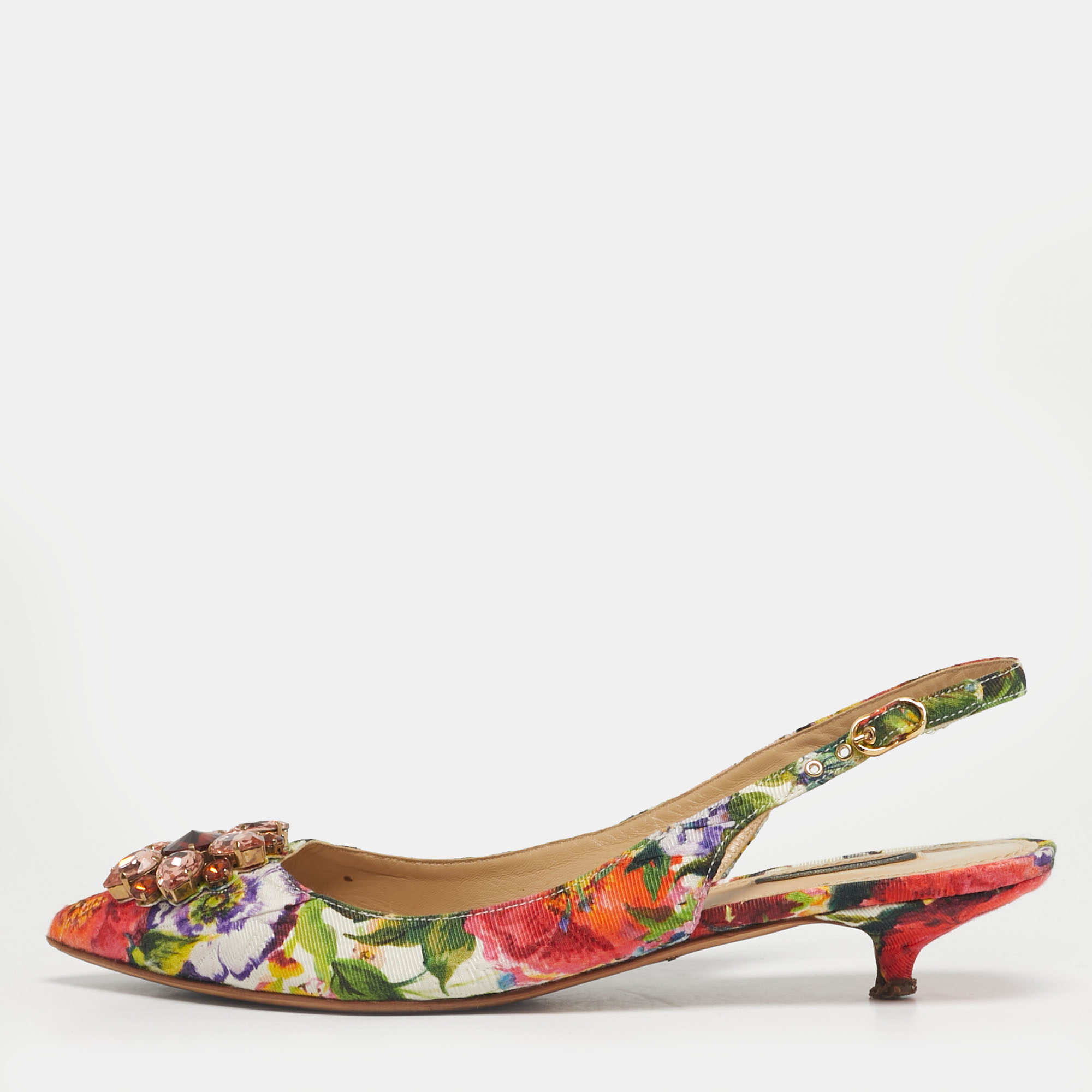 

Dolce & Gabbana Multicolor Brocade Fabric Crystal Embellished Slingback Pumps Size