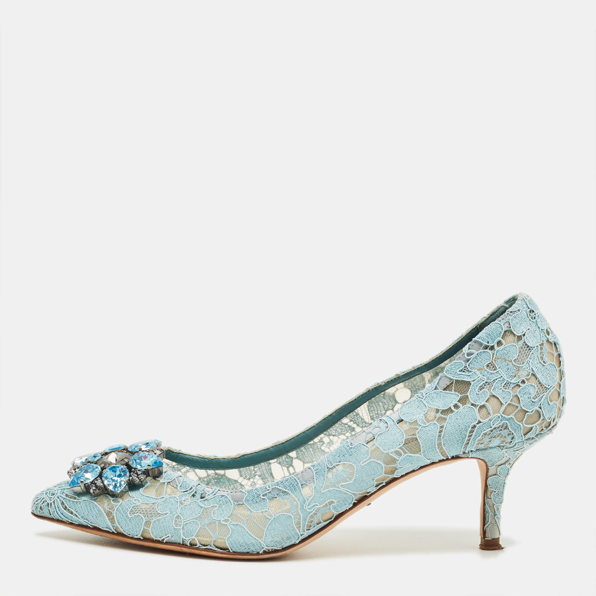Pre-owned Dolce & Gabbana Blue Lace And Mesh Bellucci Crystal Embellished Pumps Size 39
