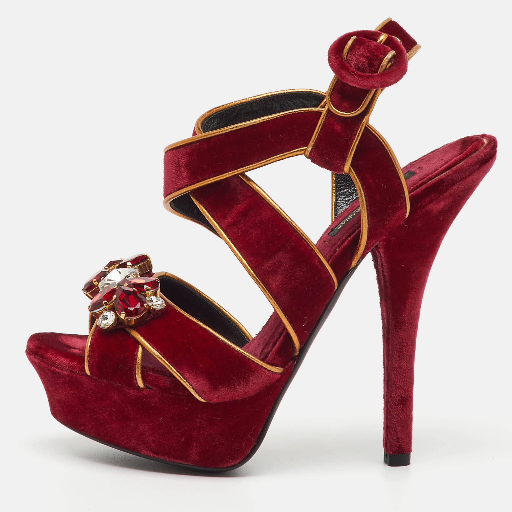 Pre-owned Dolce & Gabbana Red Velvet And Leather Crystal Embellished Platform Sandals Size 36