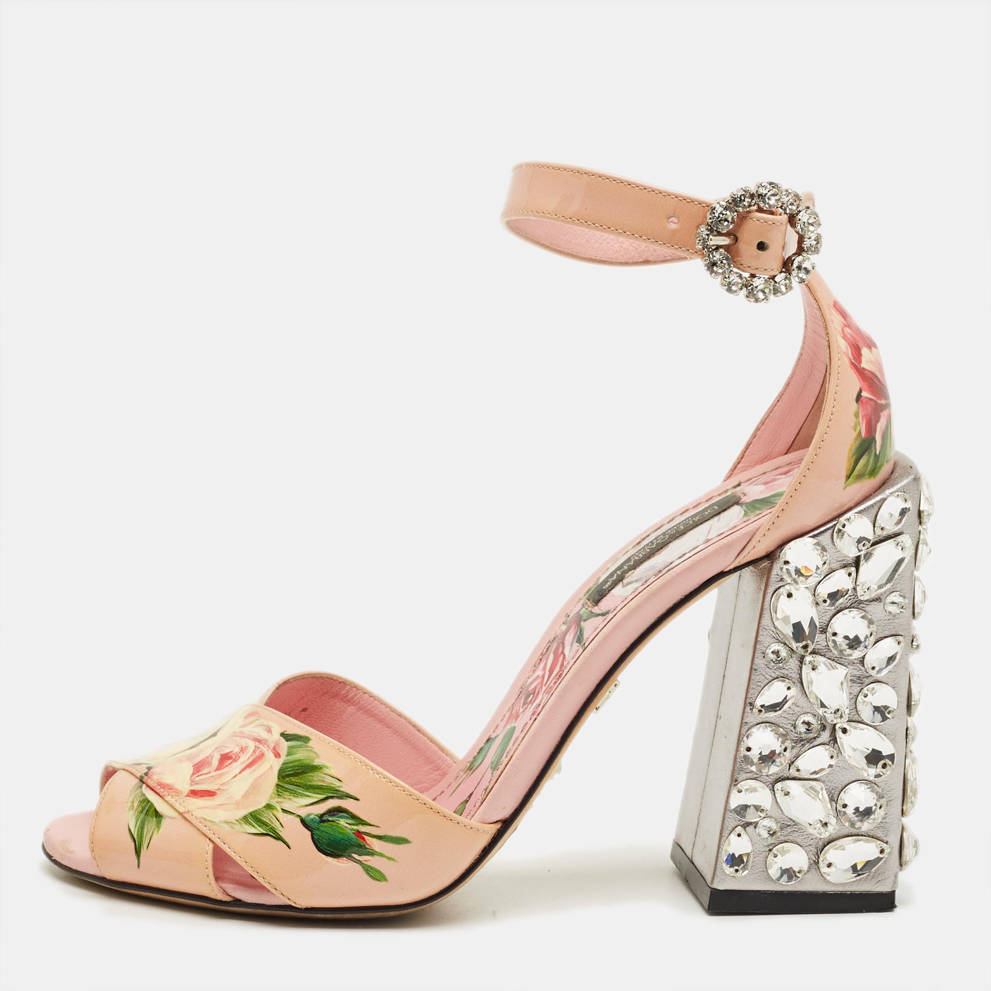 

Dolce & Gabbana Pink Flower Print Patent Leather Crystal Embellished Ankle Strap Sandals Size