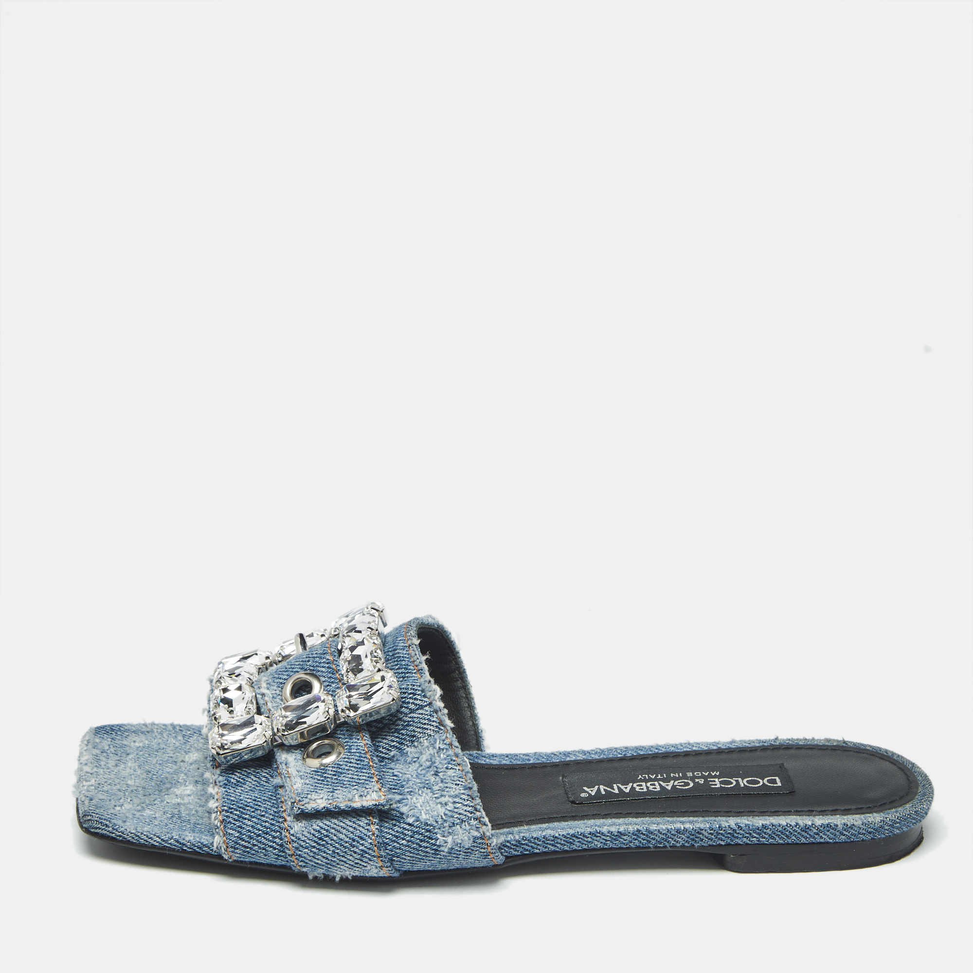 

Dolce & Gabbana Blue Denim Crystal Embellished Buckle Flat Slides Size