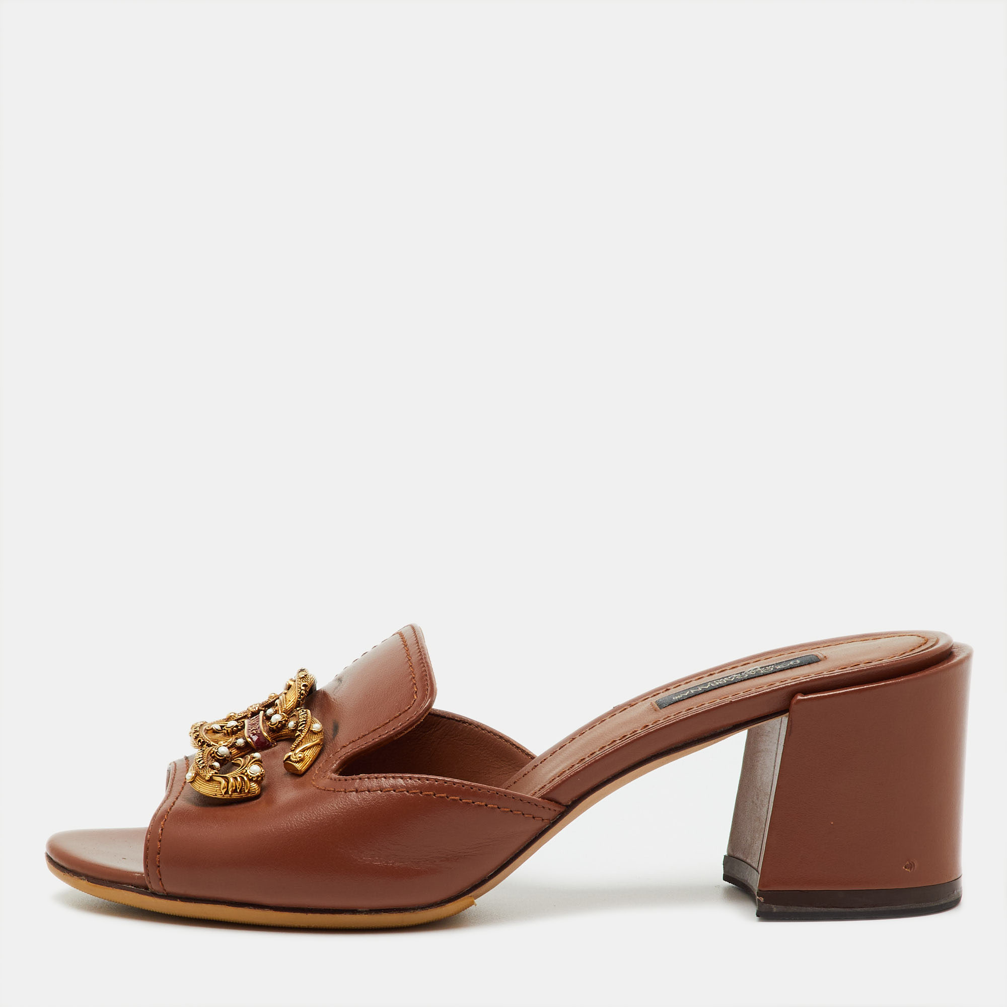 

Dolce & Gabbana Brown Leather DG Amore Block Heel Slide Sandals Size