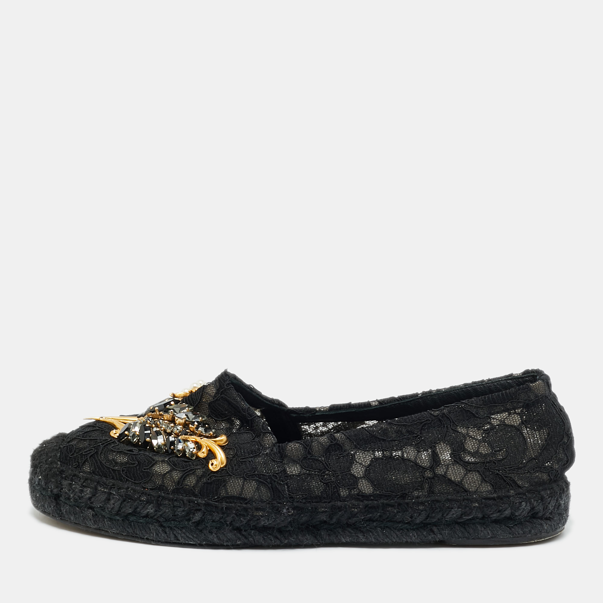 Pre-owned Dolce & Gabbana Black Lace And Mesh Crystal Embellished Espadrille Flats Size 36