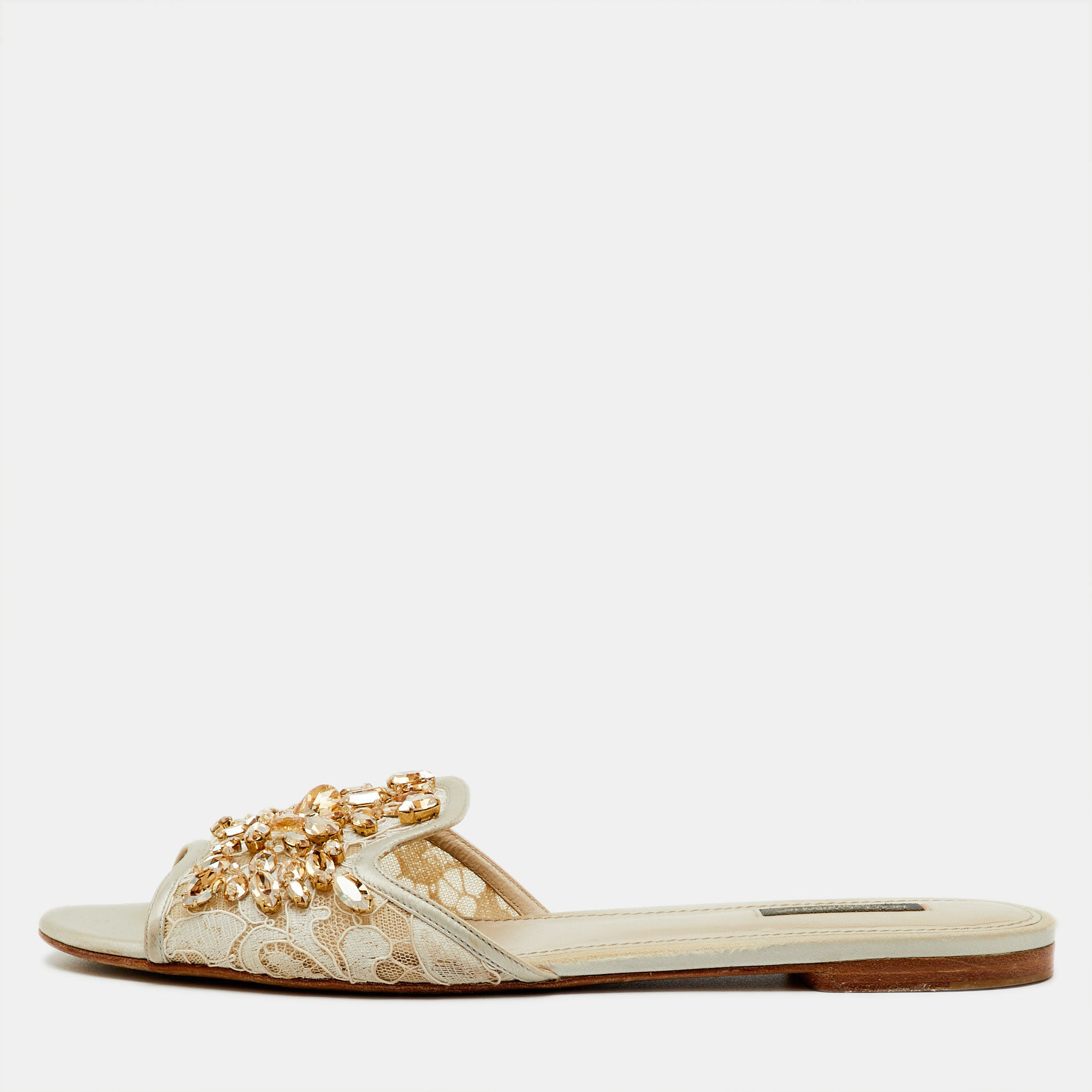 Pre-owned Dolce & Gabbana Off White Lace And Satin Crystal Embellished Bianca Flat Slide Sandals Size 41