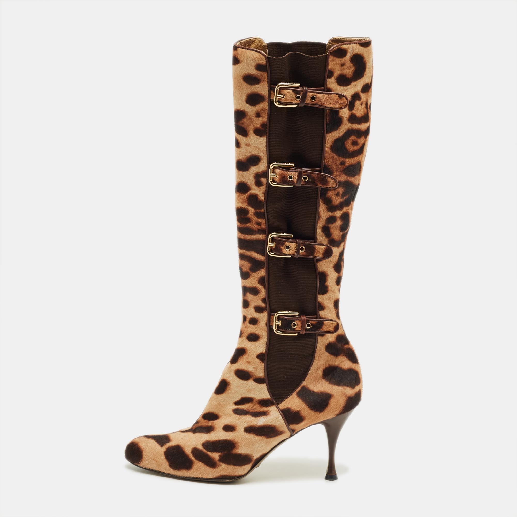 DOLCE & GABBANA Pre-owned Brown Leopard Print Calf Hair Knee Length Boots Size 37