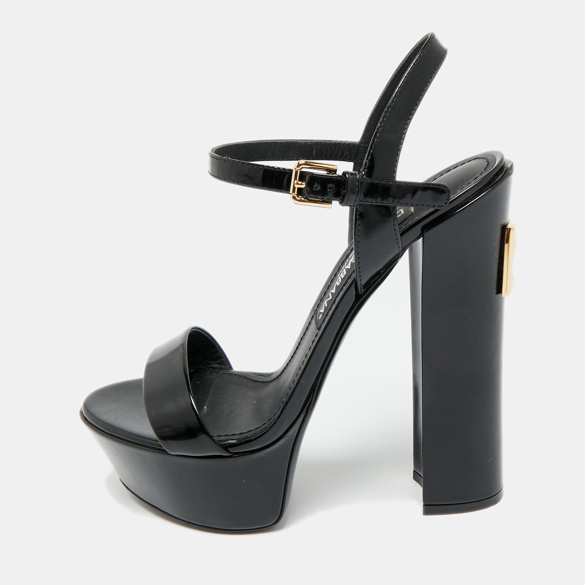 Pre-owned Dolce & Gabbana Black Patent Leather Ankle Strap Platform Sandals Size 38.5