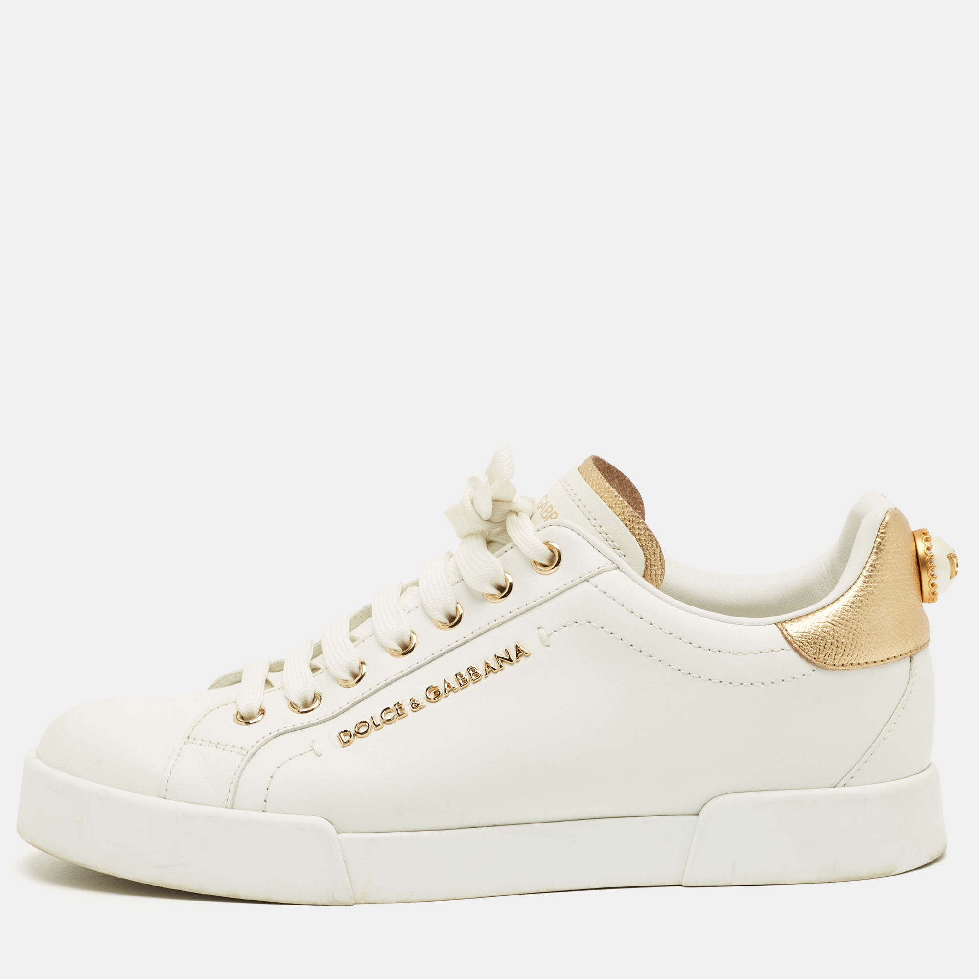 

Dolce & Gabbana White/Gold Leather Portofino Low Top Sneakers Size
