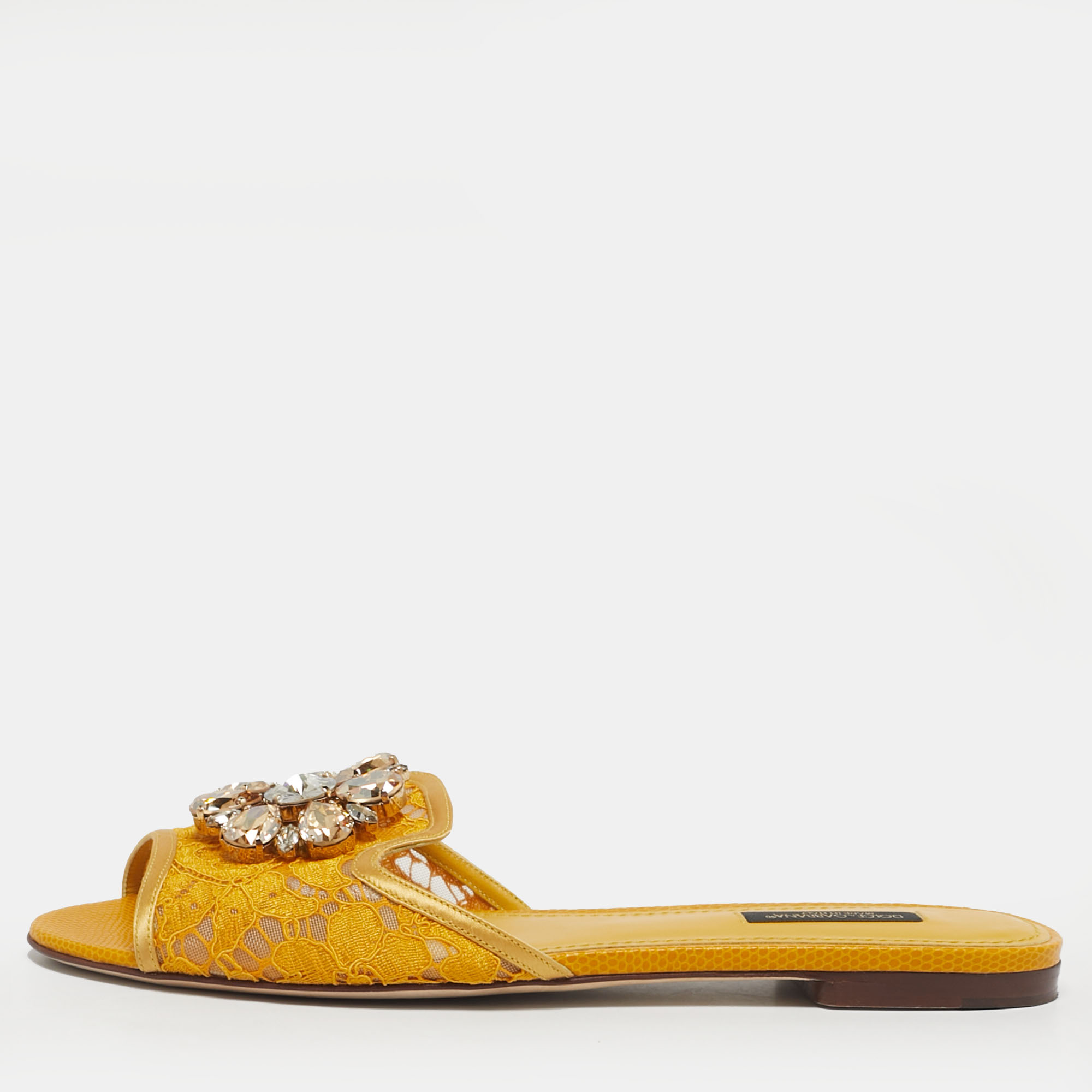 

Dolce & Gabbana Yellow/Gold Lace and Satin Crystal Embellish Flat Slide Size