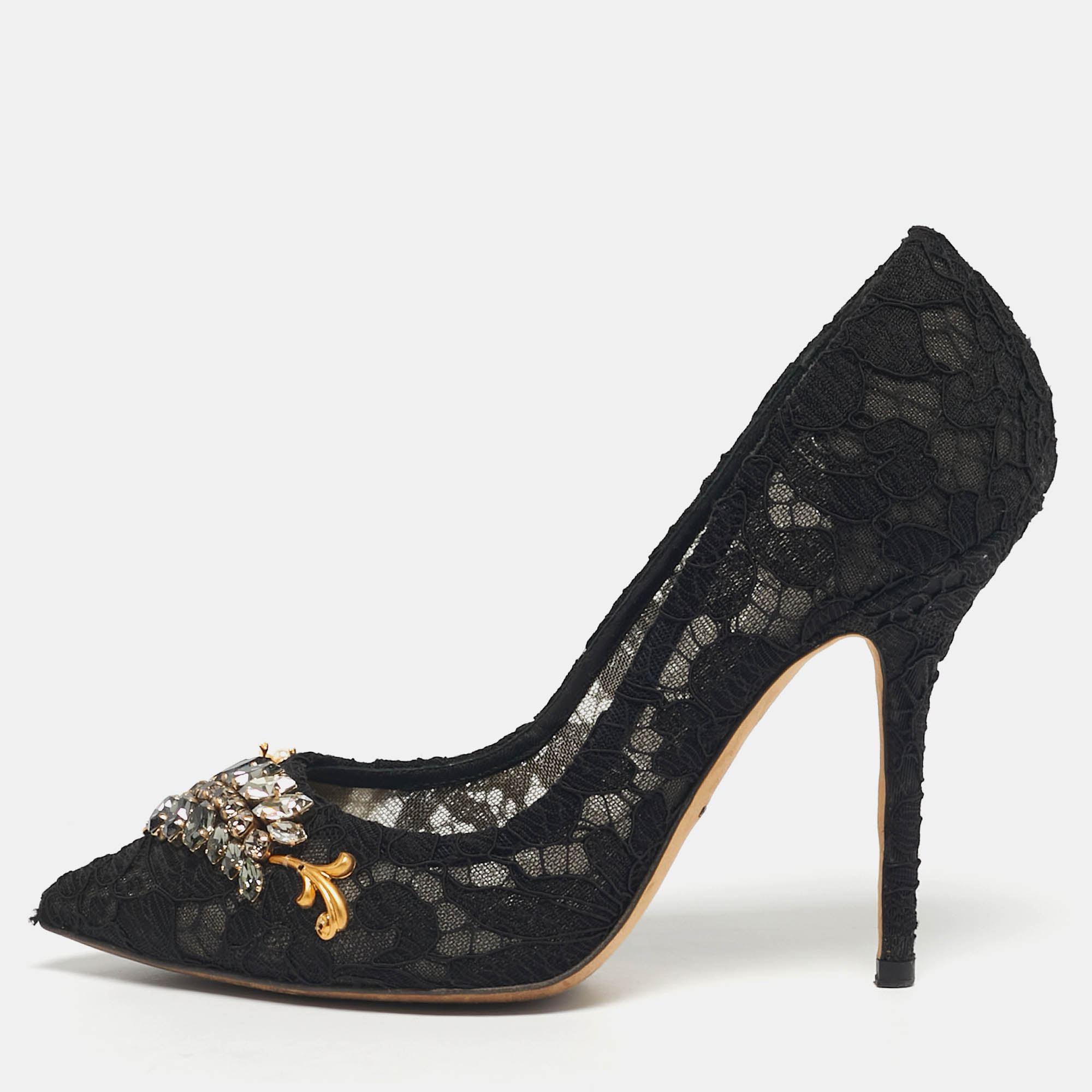 Pre-owned Dolce & Gabbana Black Lace Crystal Embellished Pumps Size 39