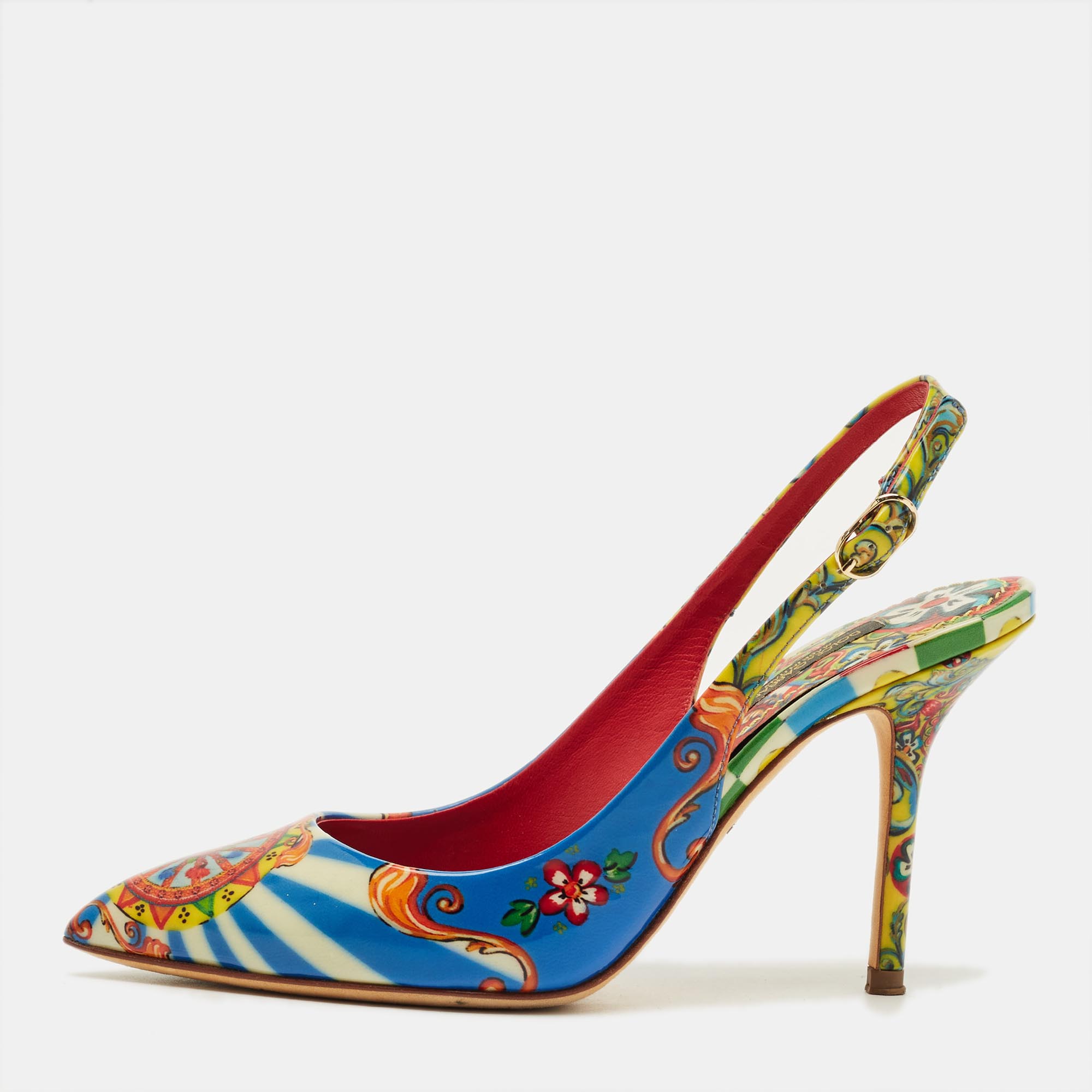 Pre-owned Dolce & Gabbana Multicolor Floral Print Patent Slingback Pointed Toe Pumps Size 35