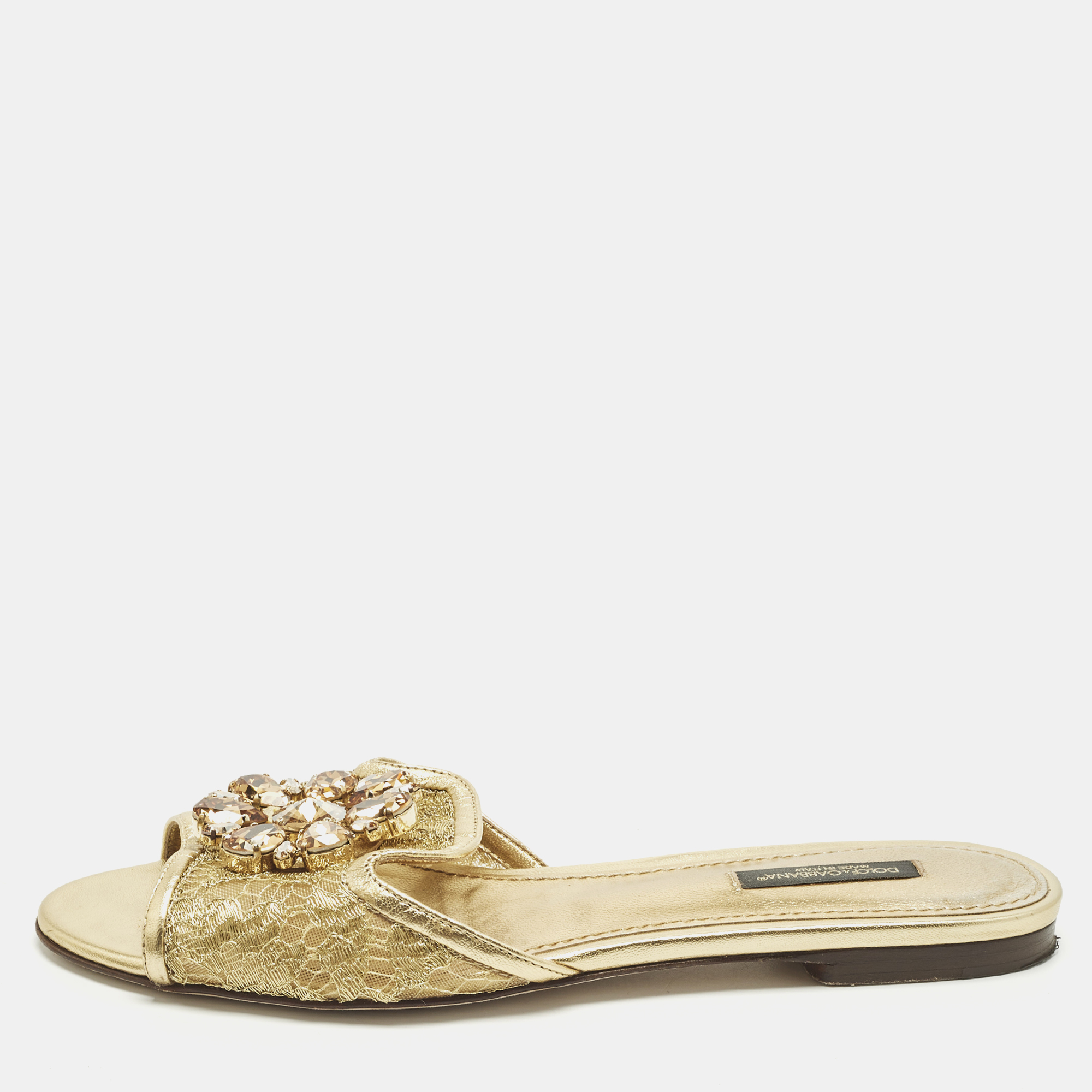

Dolce & Gabbana Bianca Size  Gold Lace and Leather Flat Slides