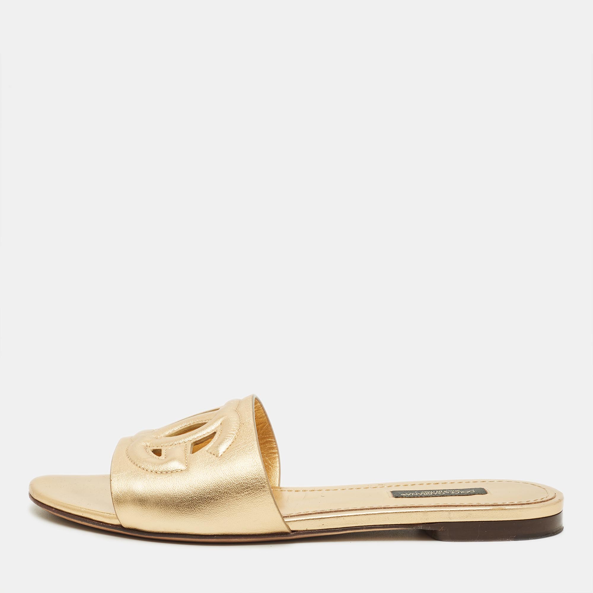 Pre-owned Dolce & Gabbana Dg Logo Size 37 Gold Leather Flat Slide