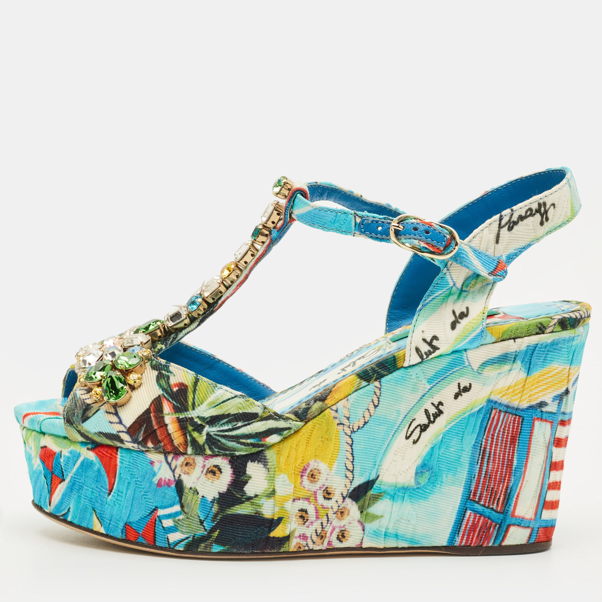 

Dolce & Gabbana Size  Multicolor Printed Canvas Crystal Embellished Wedge T-Strap Sandals